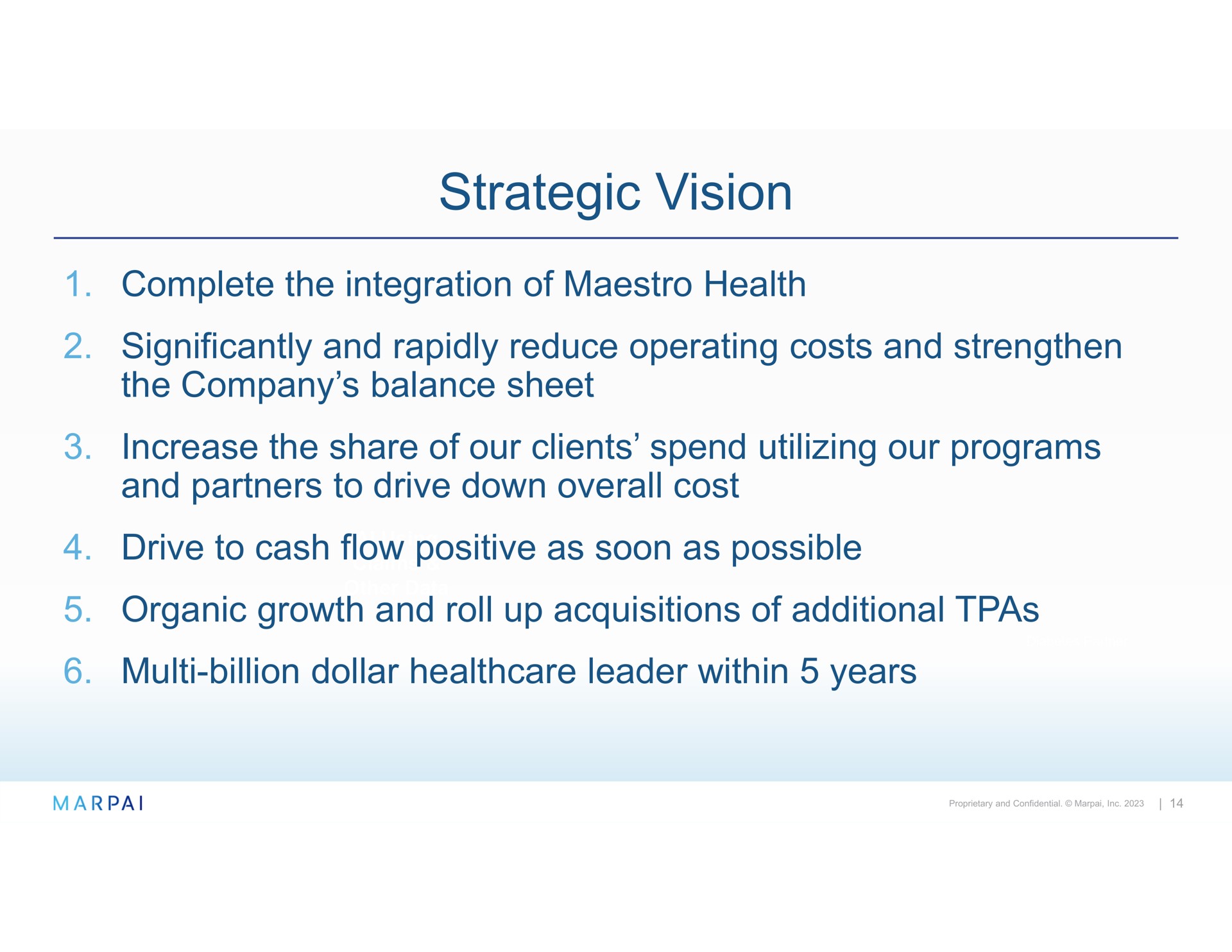 strategic vision complete the integration of maestro health significantly and rapidly reduce operating costs and strengthen the company balance sheet increase the share of our clients spend utilizing our programs and partners to drive down overall cost drive to cash flow positive as soon as possible organic growth and roll up acquisitions of additional billion dollar leader within years | Marpai
