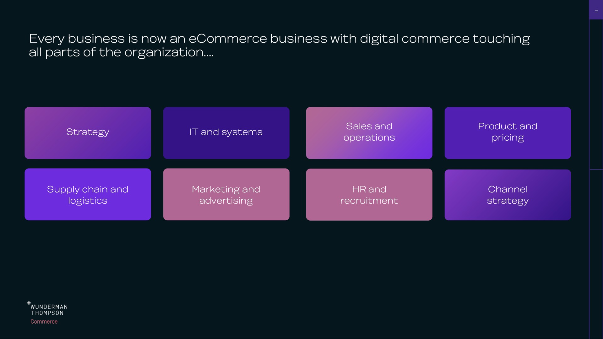 strategy it and systems sales and operations product and pricing supply chain and logistics marketing and advertising and recruitment channel strategy every business is now an business with digital commerce touching all parts of the organization | WPP