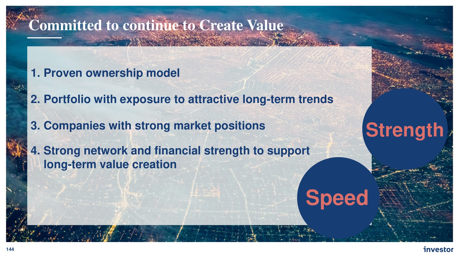 committed to continue to create value strength speed proven ownership model portfolio with exposure attractive long term trends companies with strong market positions a strong network and financial support long term creation | Investor AB