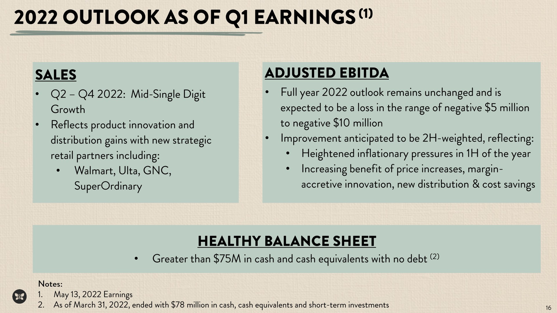 outlook as of earnings | Honest