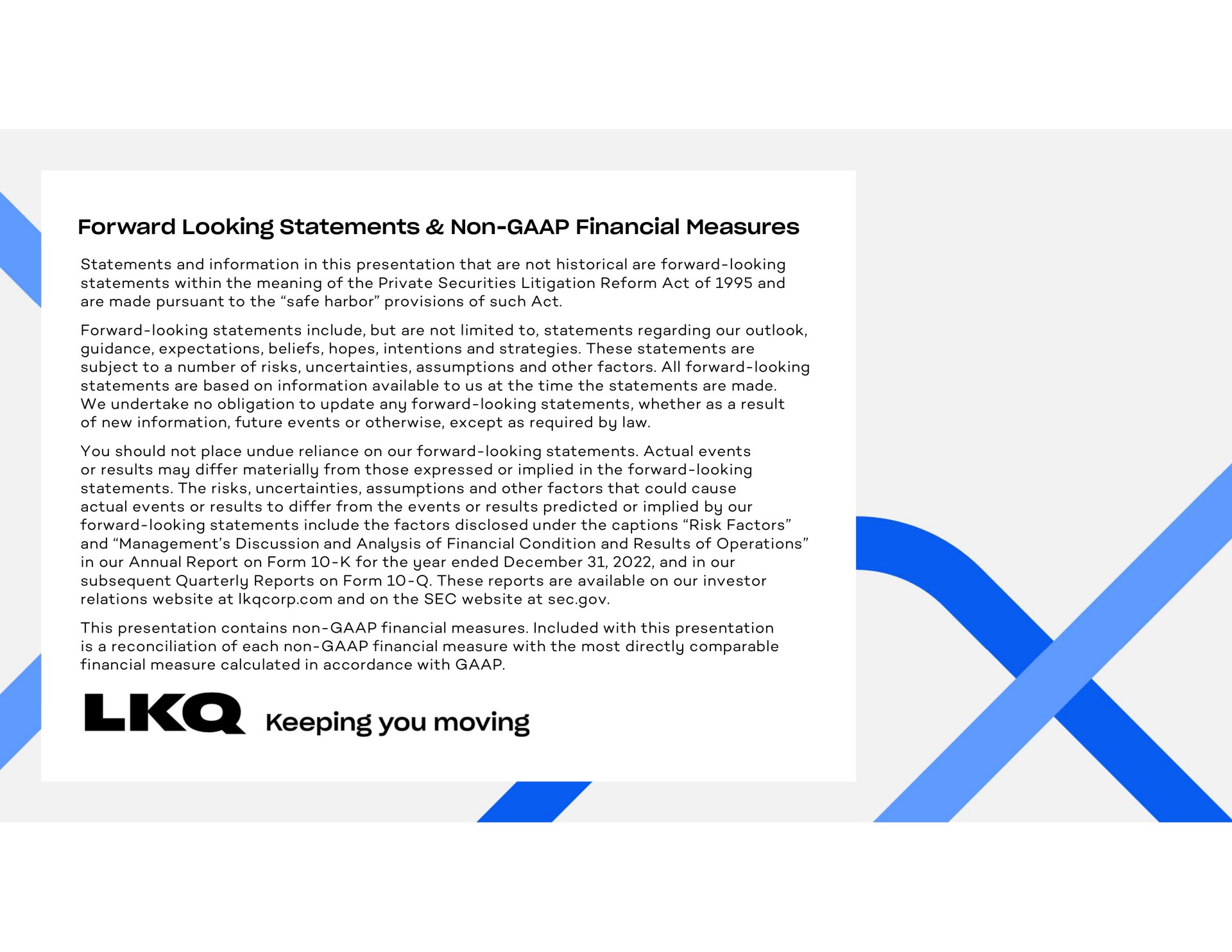 forward looking statements non financial measures keeping you moving | LKQ