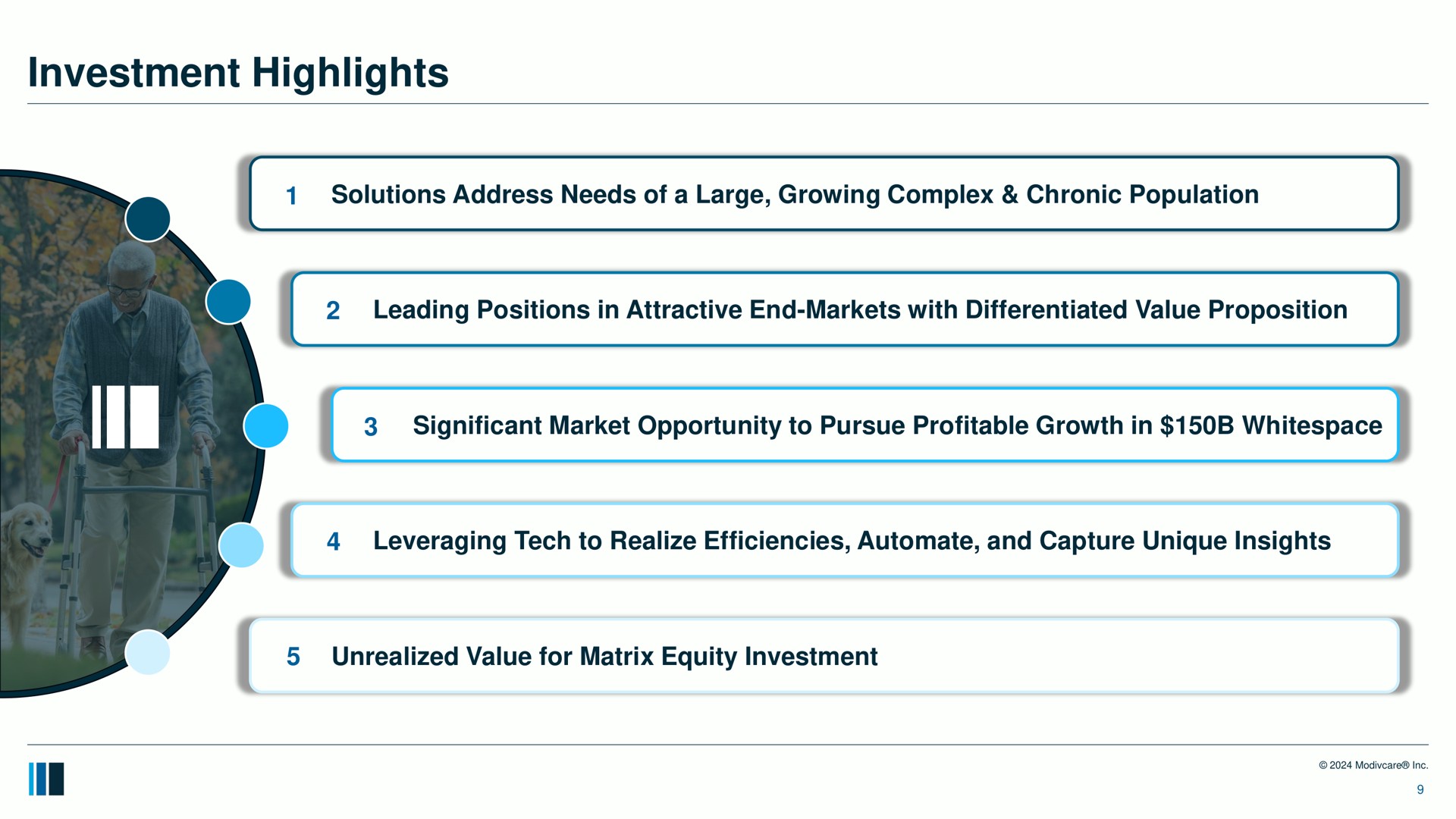 investment highlights solutions address needs of a large growing complex chronic population leading positions in attractive end markets with differentiated value proposition significant market opportunity to pursue profitable growth in leveraging tech to realize efficiencies and capture unique insights unrealized value for matrix equity | ModivCare