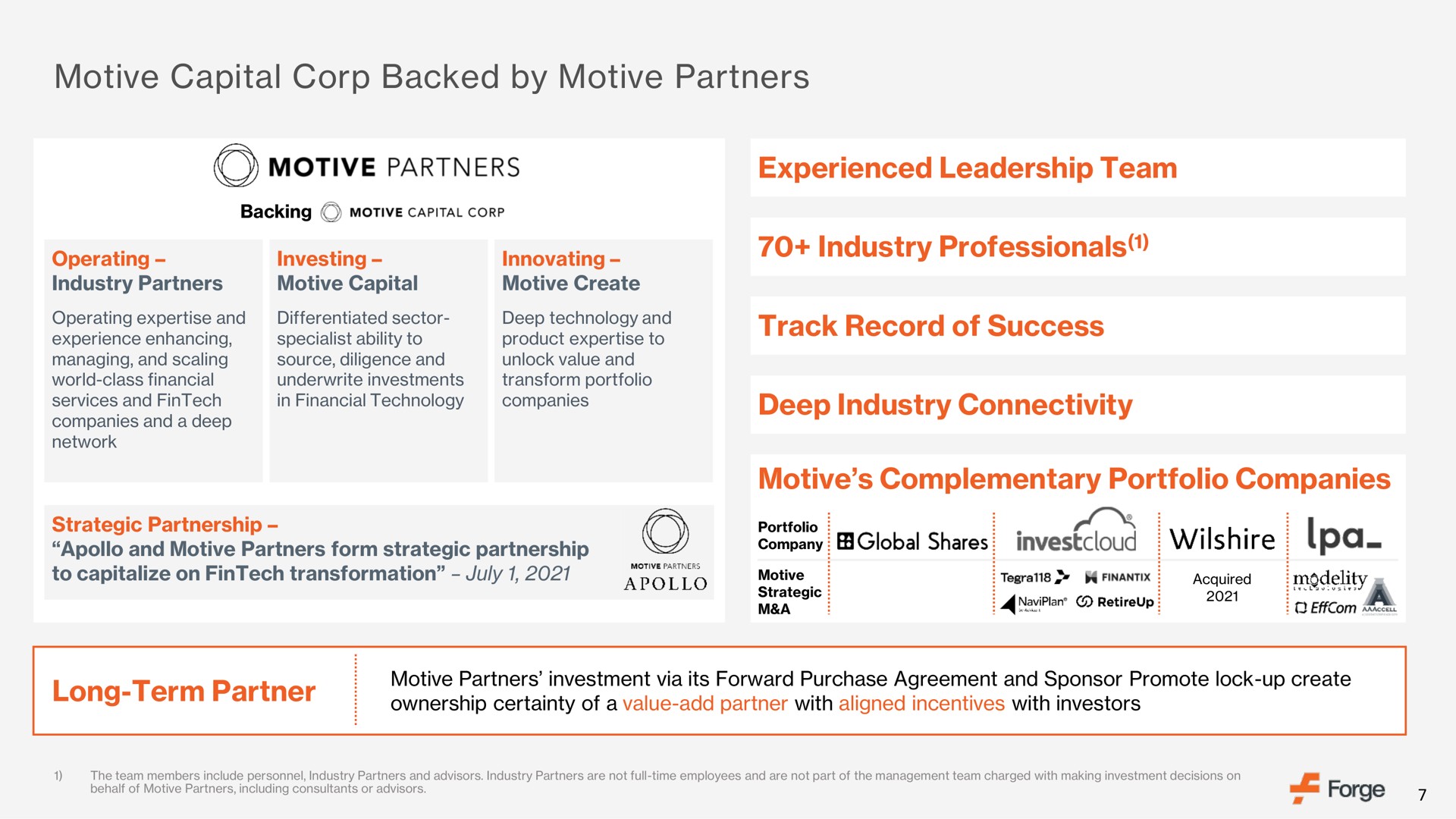 motive capital corp backed by motive partners experienced leadership team industry professionals track record of success deep industry connectivity motive complementary portfolio companies long term partner company shares | Forge