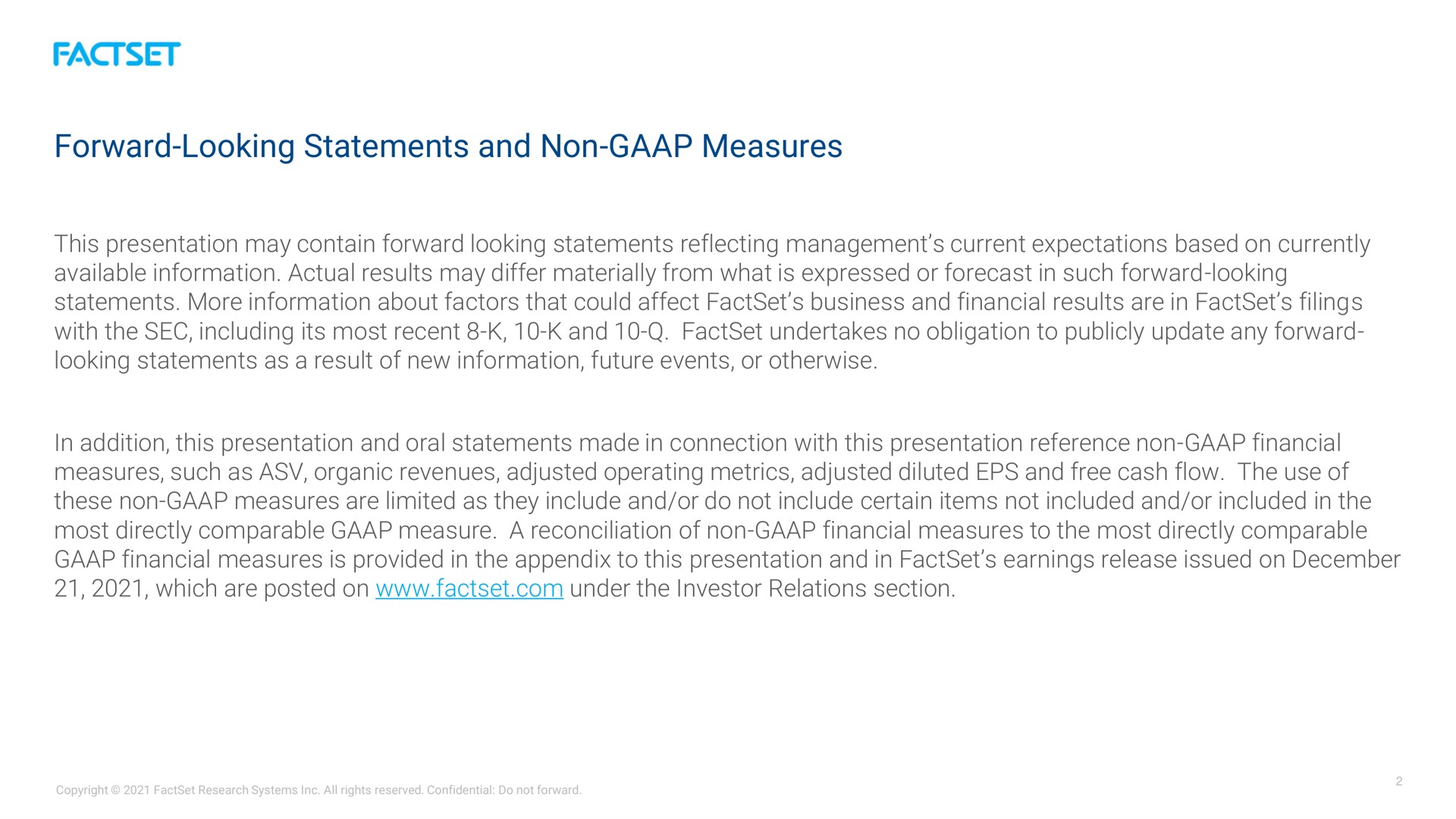 forward looking statements and non measures | Factset