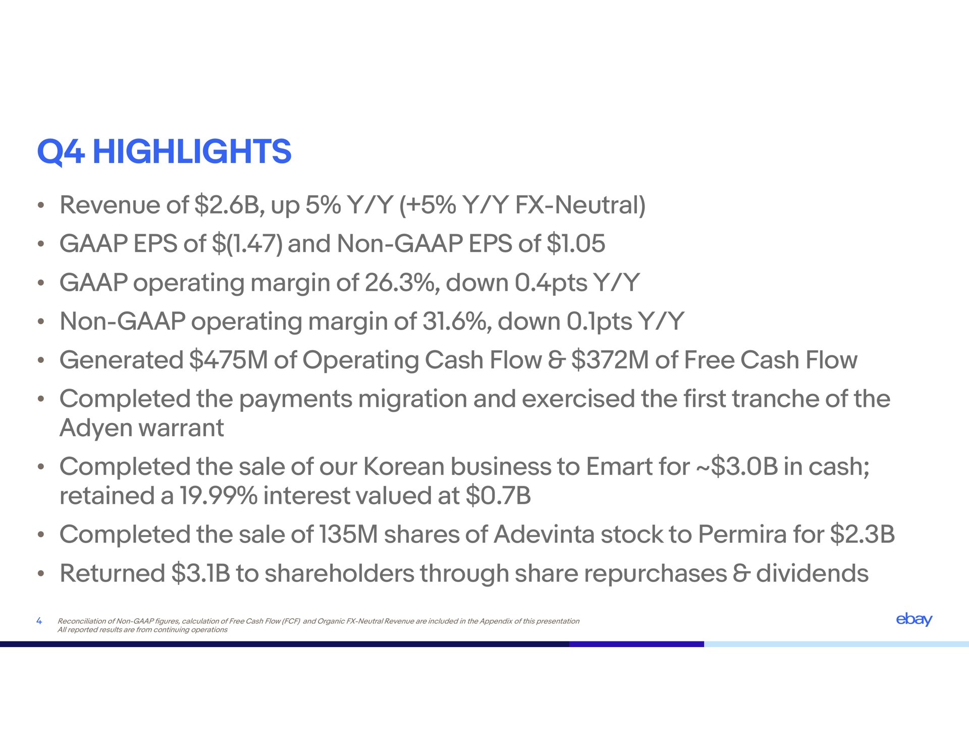 highlights revenue of up neutral of and non of operating margin of down non operating margin of down generated of operating cash flow of free cash flow completed the payments migration and exercised the first of the warrant completed the sale of our business to for in cash retained a interest valued at completed the sale of shares of stock to for returned to shareholders through share repurchases dividends | eBay