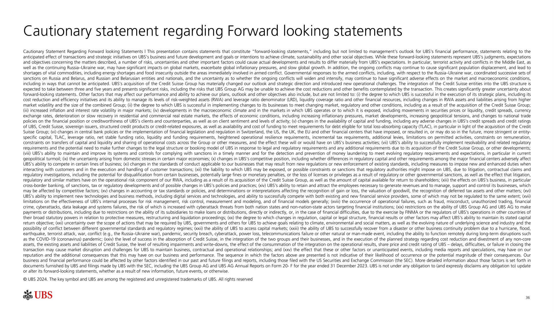 cautionary statement regarding forward looking statements | UBS
