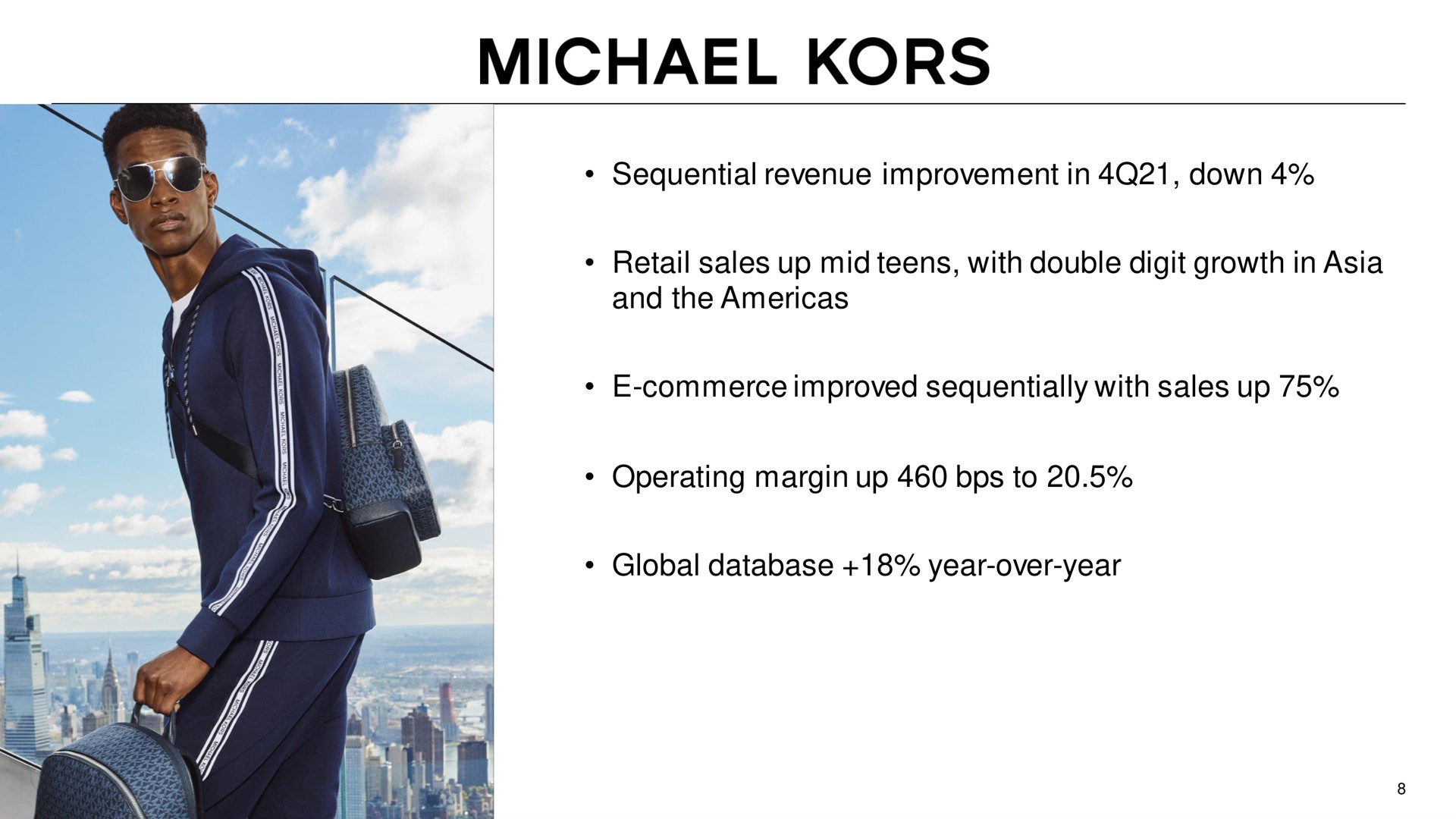 sequential revenue improvement in down retail sales up mid teens with double digit growth in and the commerce improved sequentially with sales up operating margin up to global year over year kors | Capri Holdings