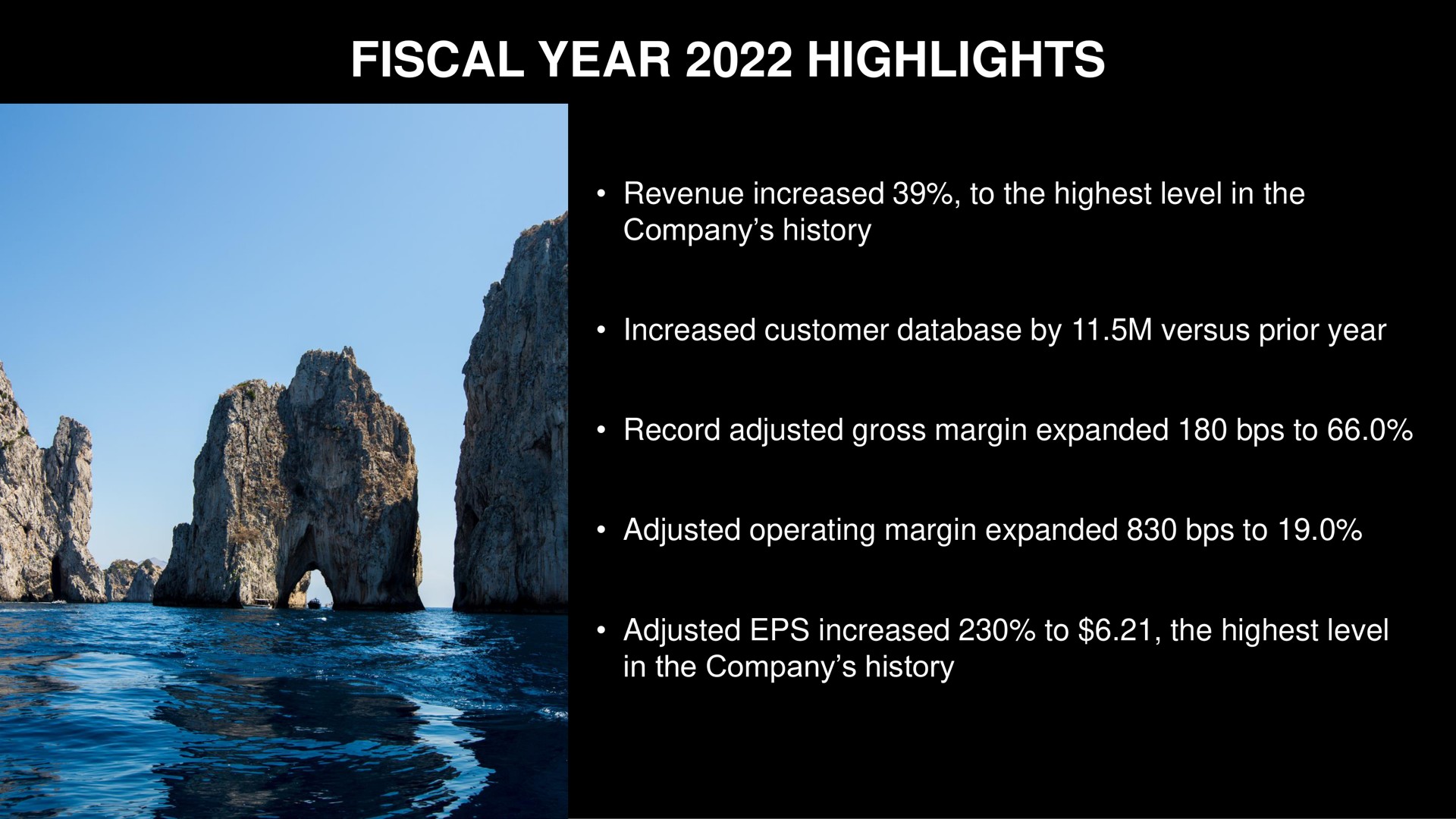 fiscal year highlights revenue increased to the highest level in the company history increased customer by versus prior year record adjusted gross margin expanded to adjusted operating margin expanded to adjusted increased to the highest level in the company history | Capri Holdings