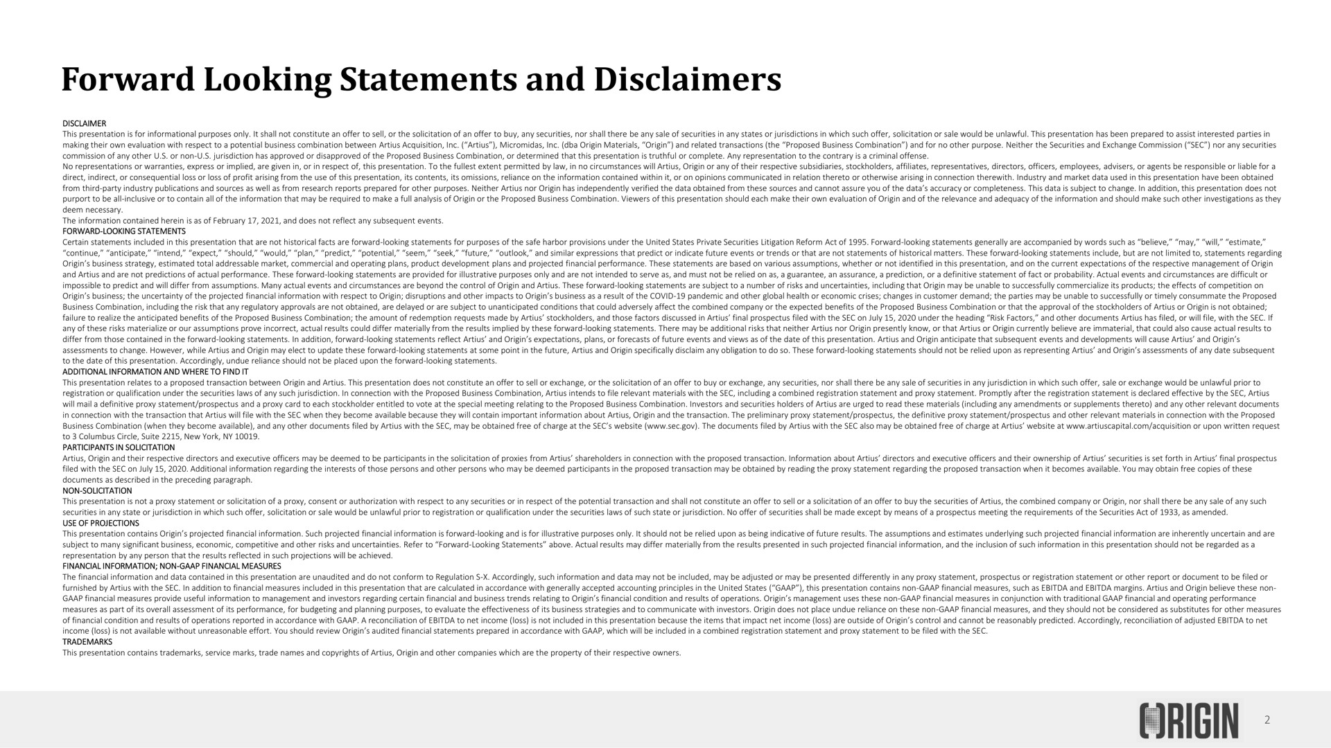 forward looking statements and disclaimers | Origin