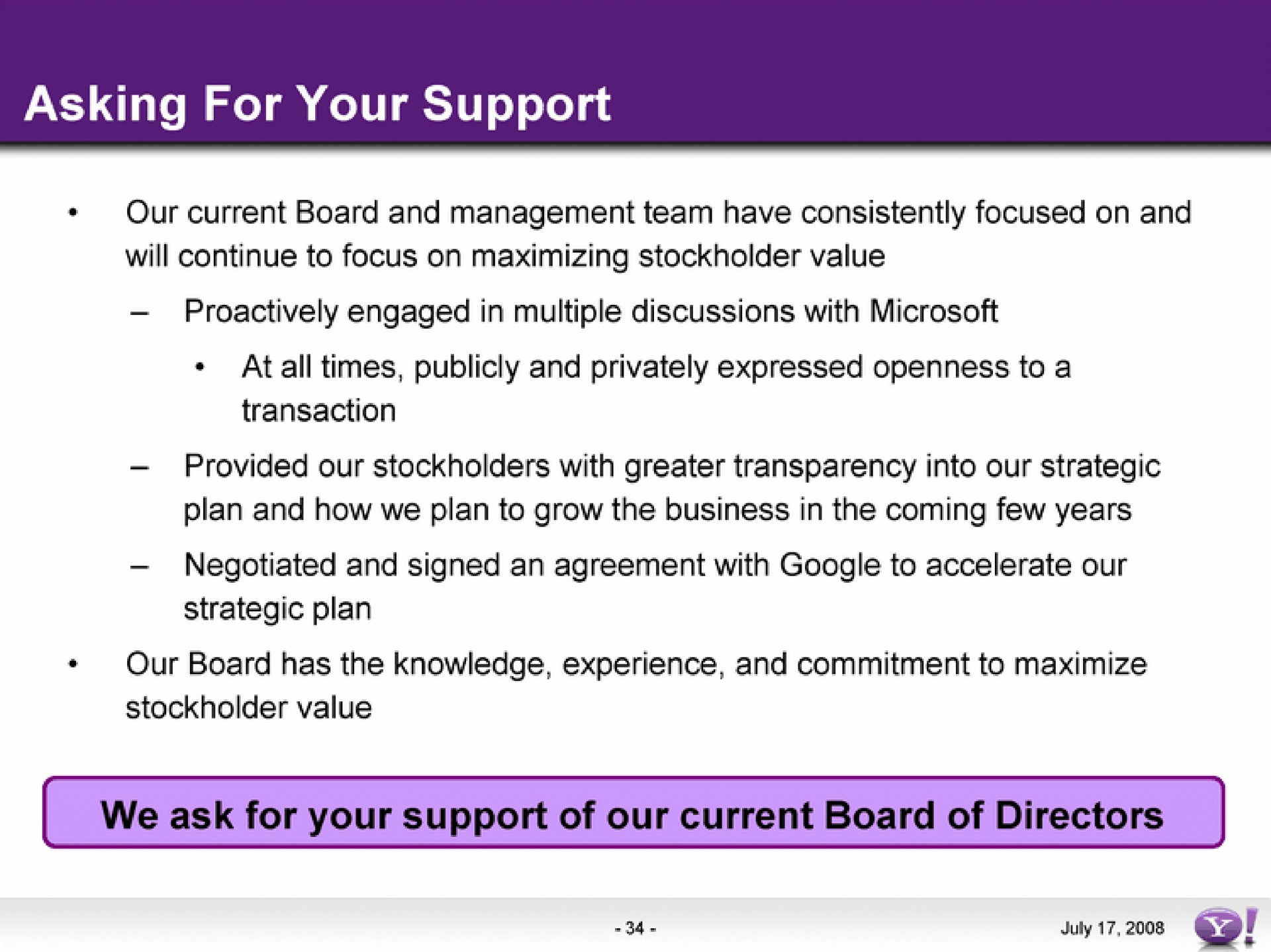 asking for your support we ask for your support of our current board of directors | Yahoo
