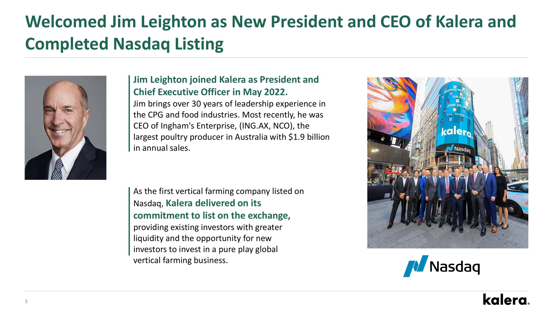 welcomed leighton as new president and of and completed listing | Kalera