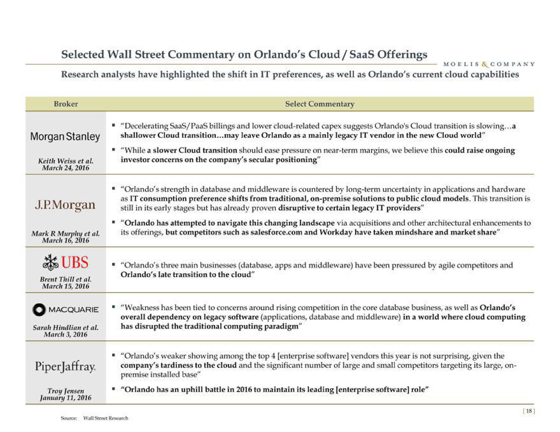 selected wall street commentary on cloud offerings research analysts have highlighted the shift in it preferences as well as current cloud capabilities morgan | Moelis & Company