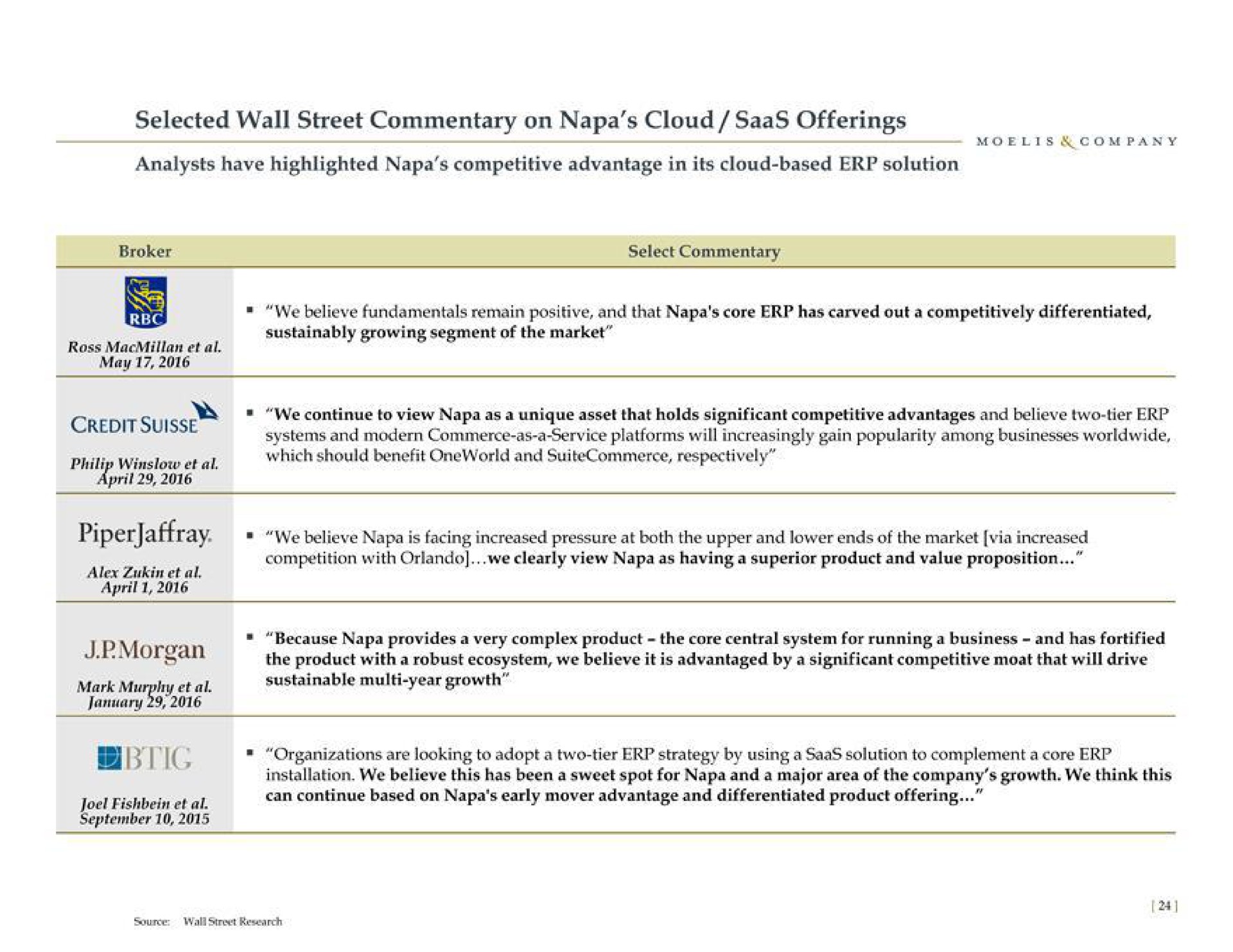 selected wall street commentary on napa cloud offerings analysts have highlighted napa competitive advantage in its cloud based solution morgan which should benefit and respectively installation we believe this has been a sweet spot for napa and a major area of the company growth we think this | Moelis & Company