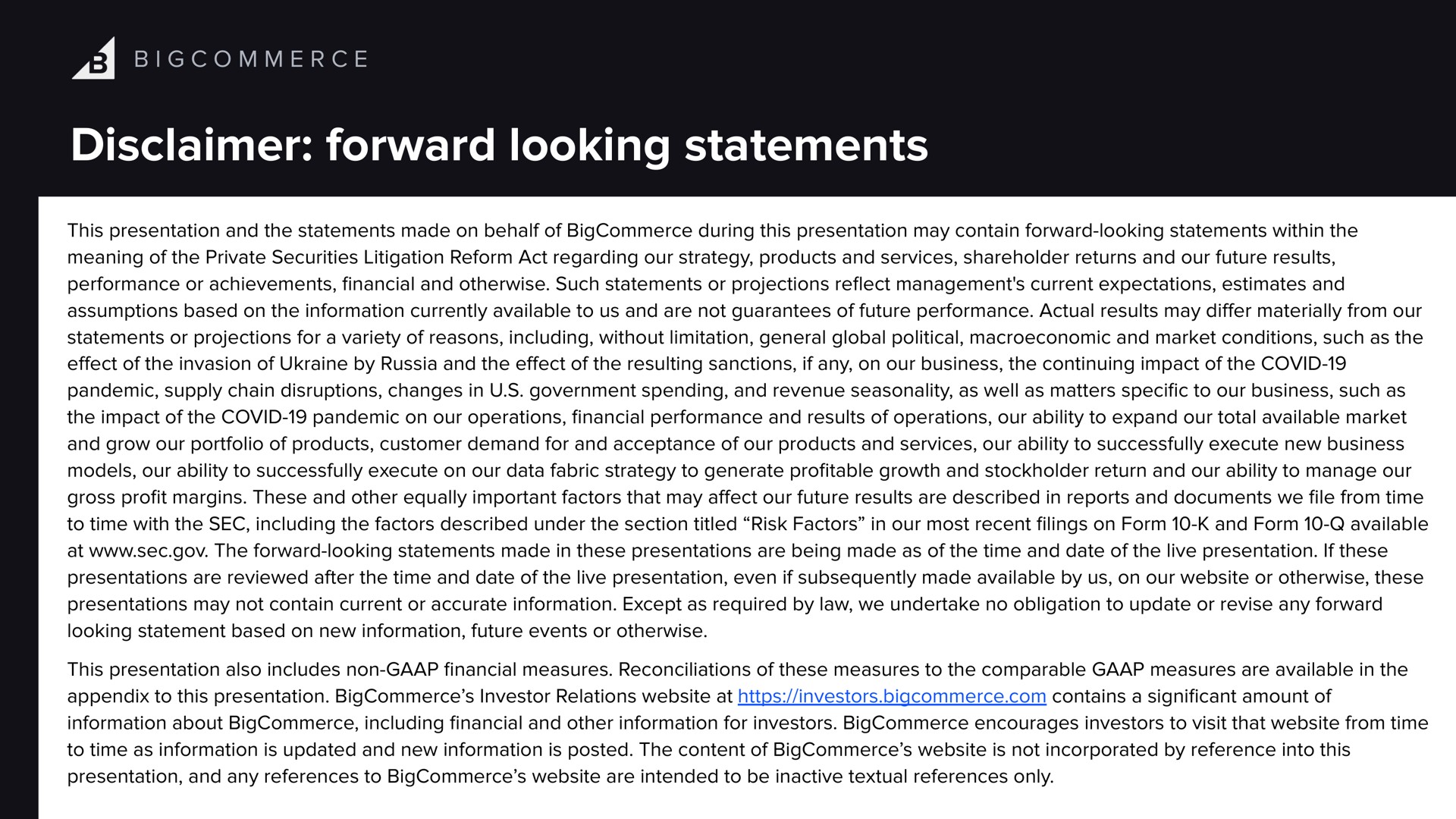 disclaimer forward looking statements | BigCommerce