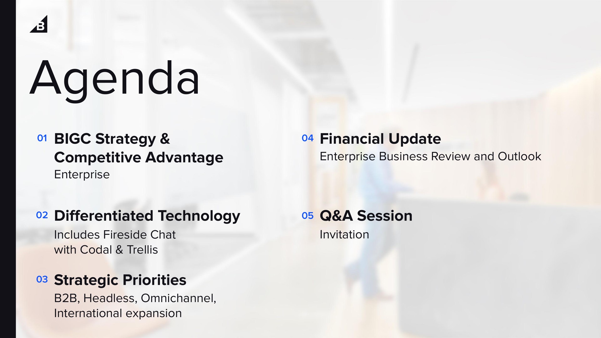 agenda strategy competitive advantage technology strategic priorities financial update a session differentiated | BigCommerce