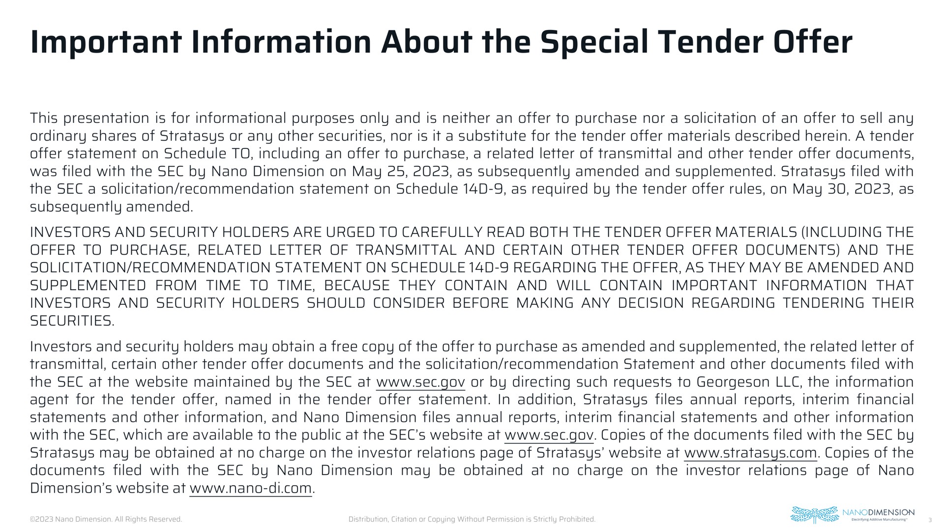 important information about the special tender offer | Nano Dimension