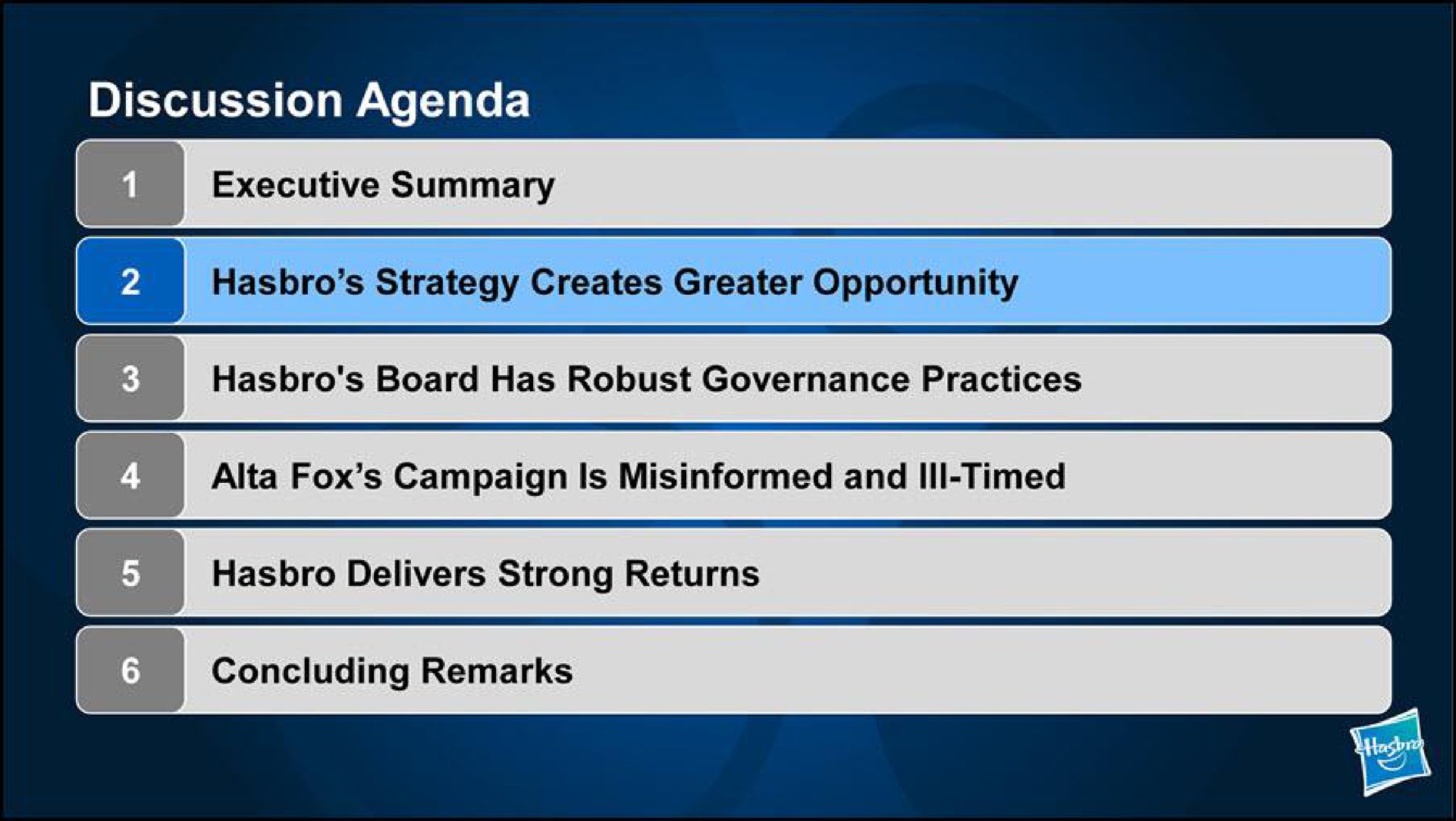 discussion agenda executive summary a strategy creates greater opportunity board has robust governance practices delivers strong returns fox campaign is misinformed and timed concluding remarks | Hasbro
