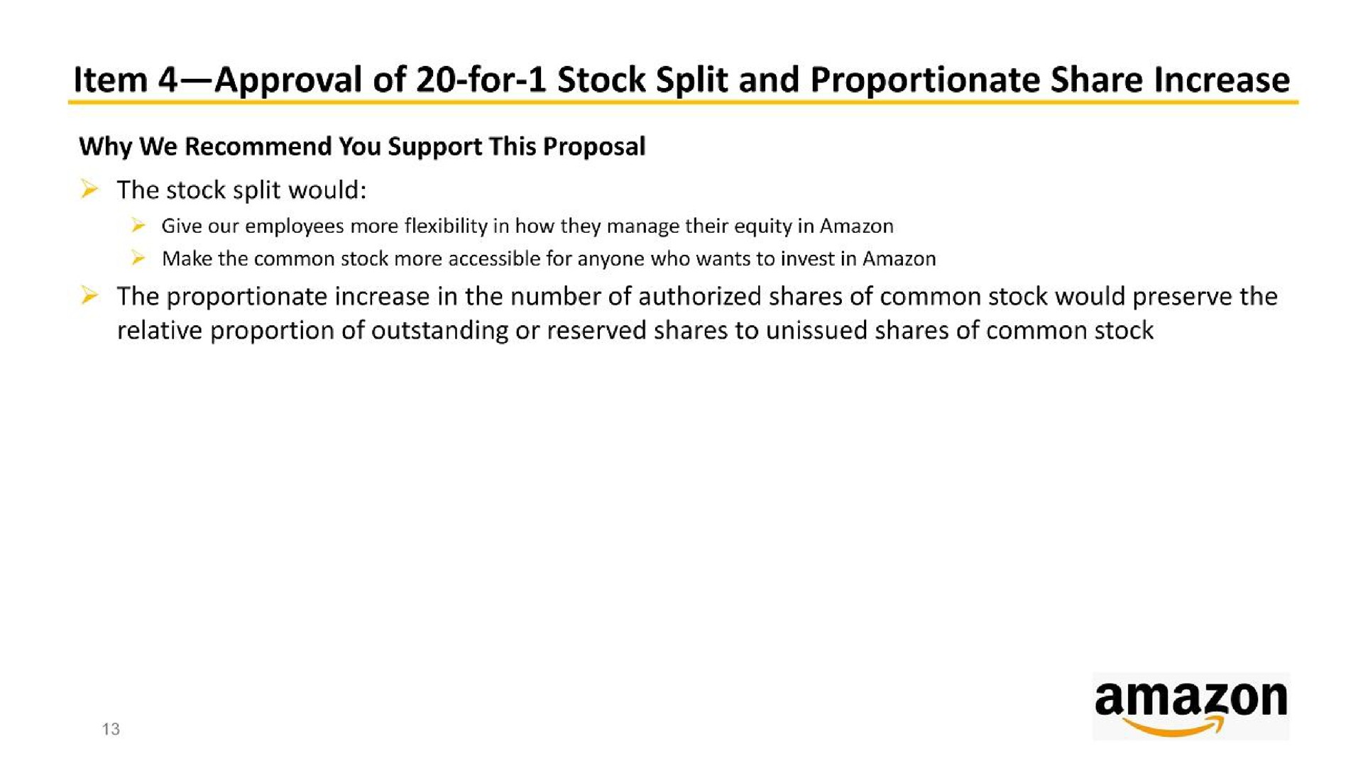 item approval of for stock split and proportionate share increase | Amazon