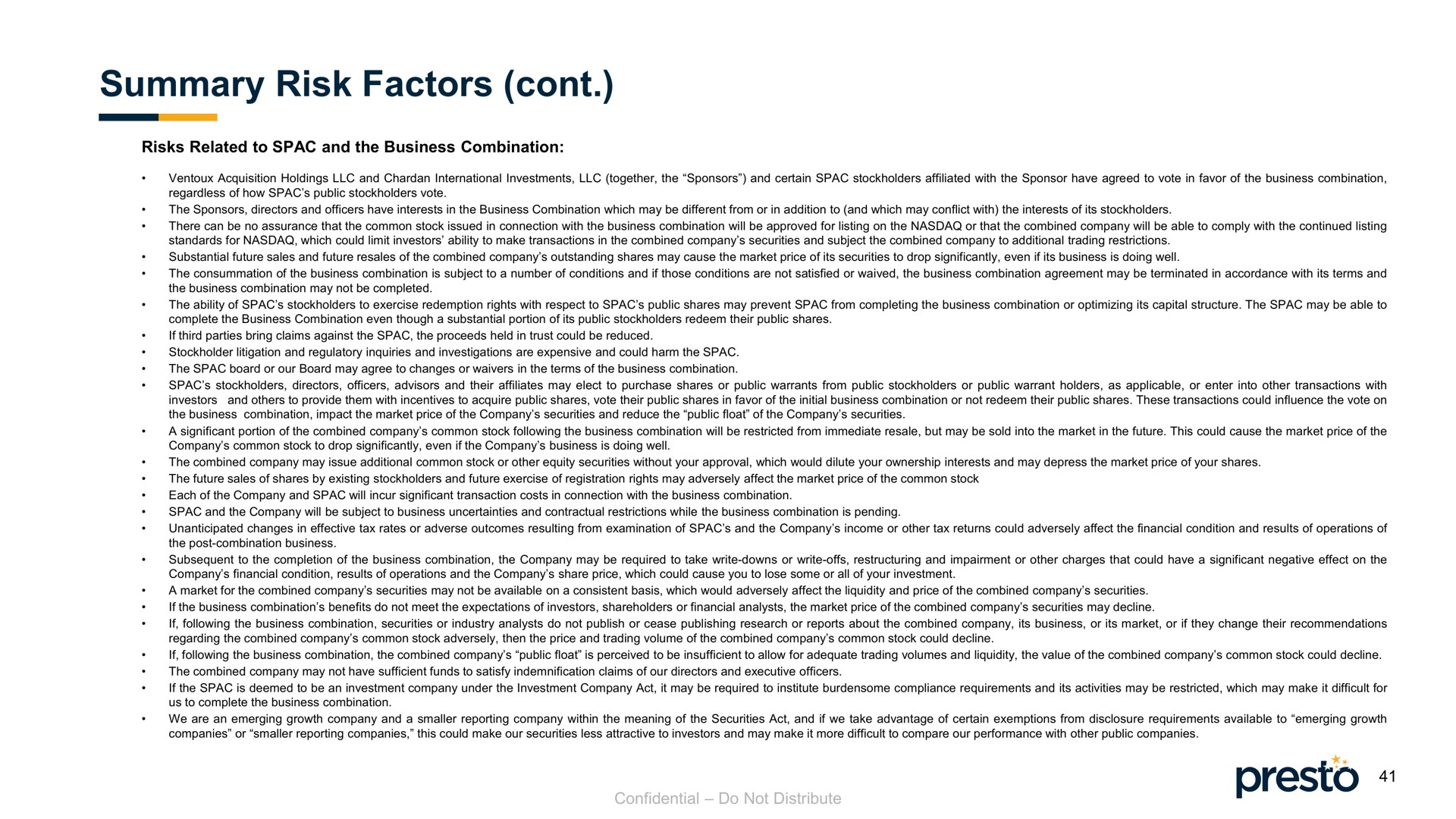 summary risk factors presto | Presto