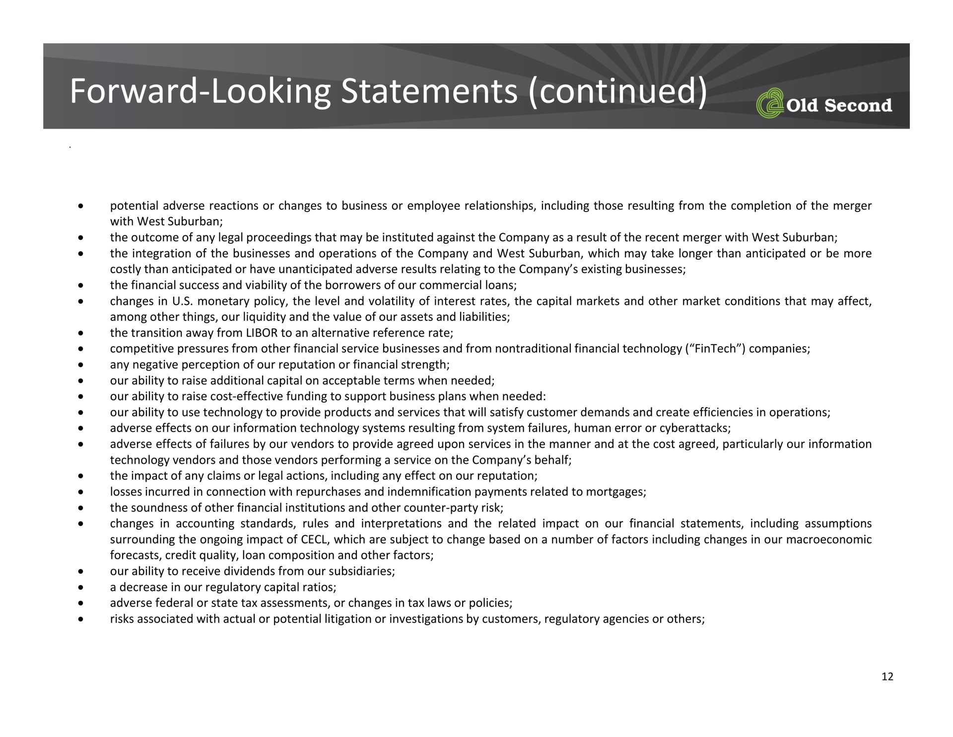 forward looking statements continued forward looking | Old Second Bancorp