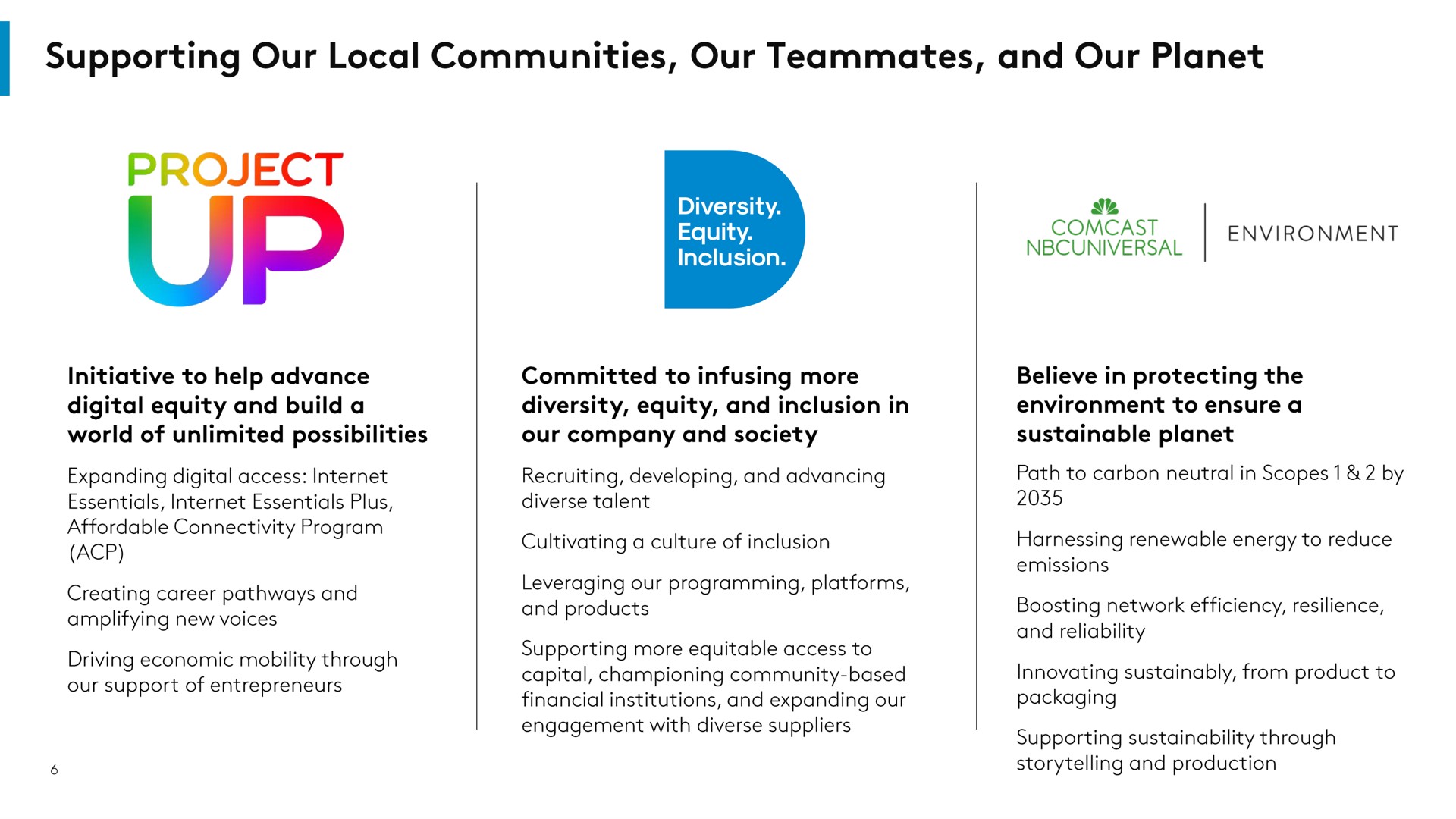 supporting our local communities our teammates and our planet project up | Comcast