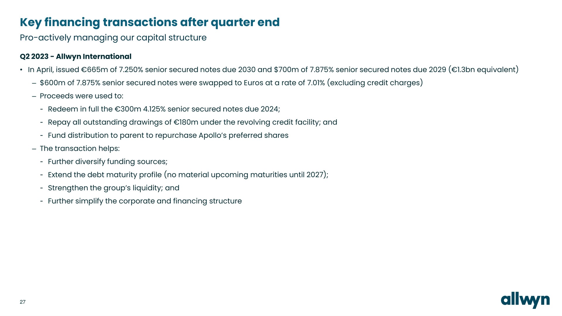 key financing transactions after quarter end pro actively managing our capital structure | Allwyn