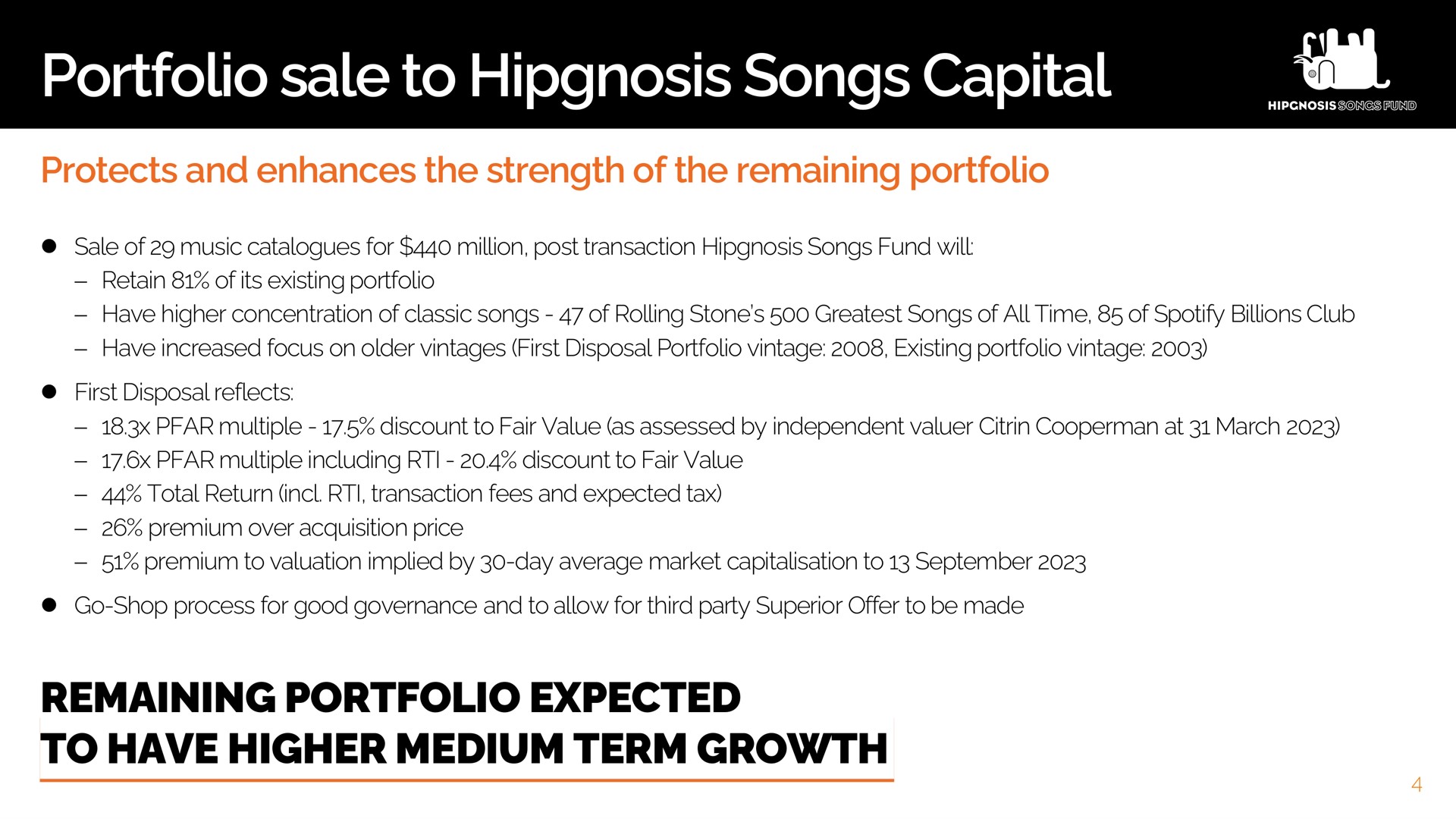 portfolio sale to songs capital remaining expected have higher medium term growth | Hipgnosis Songs Fund