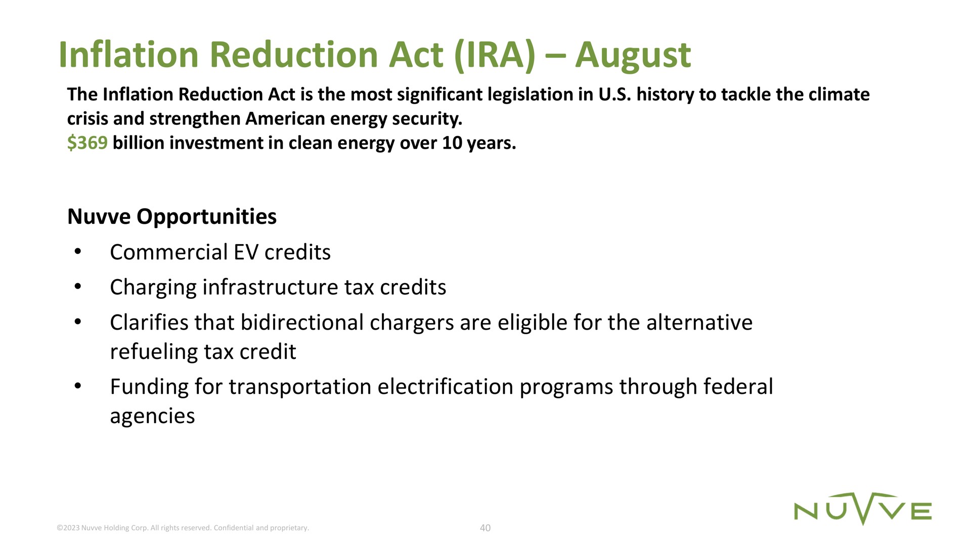inflation reduction act august opportunities commercial credits charging infrastructure tax credits clarifies that bidirectional chargers are eligible for the alternative refueling tax credit funding for transportation electrification programs through federal agencies | Nuvve