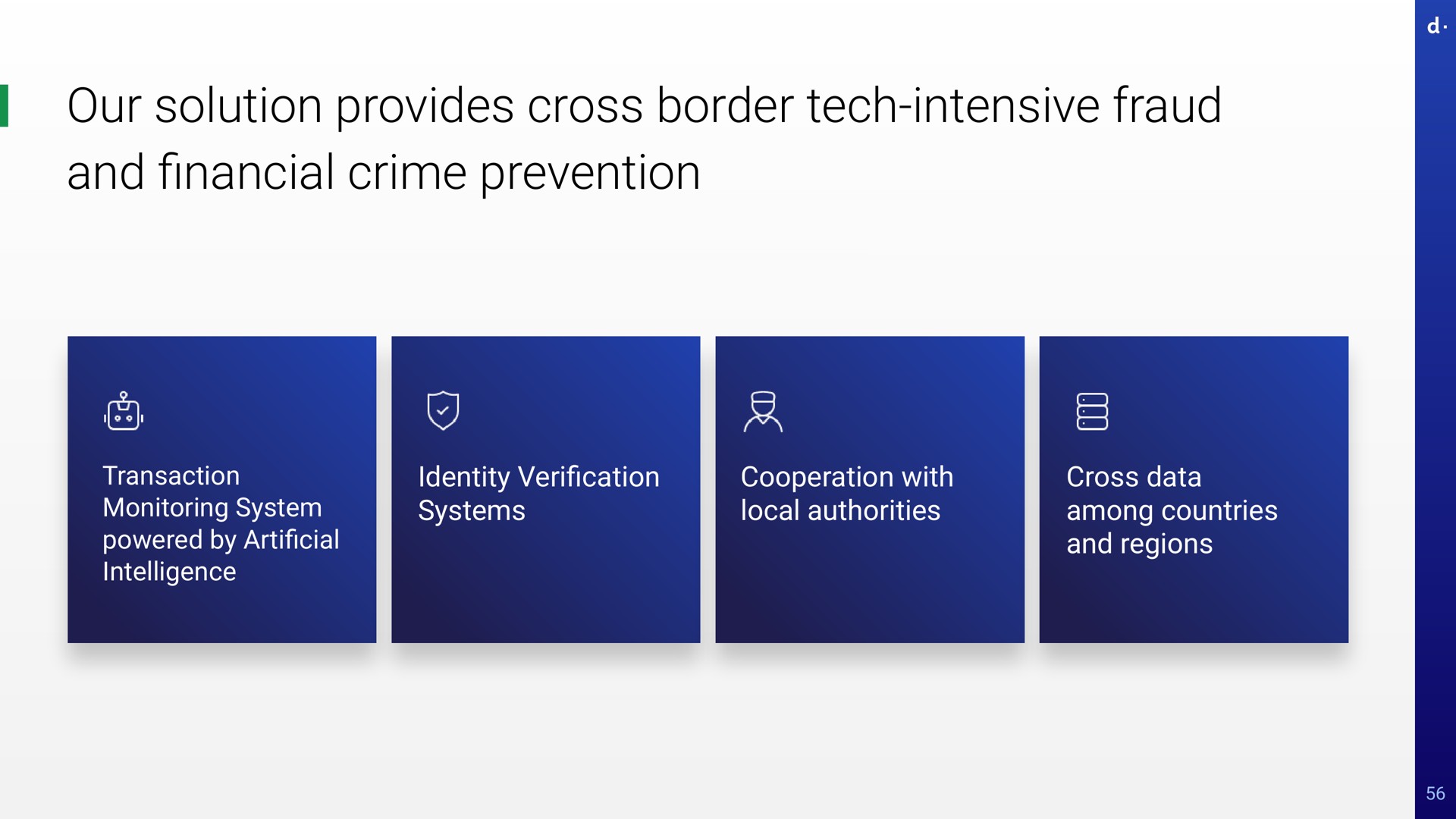 our solution provides cross border tech intensive fraud and crime prevention transaction monitoring system powered by intelligence identity veri cation systems with local authorities cross data among countries and regions financial a artificial verification | dLocal