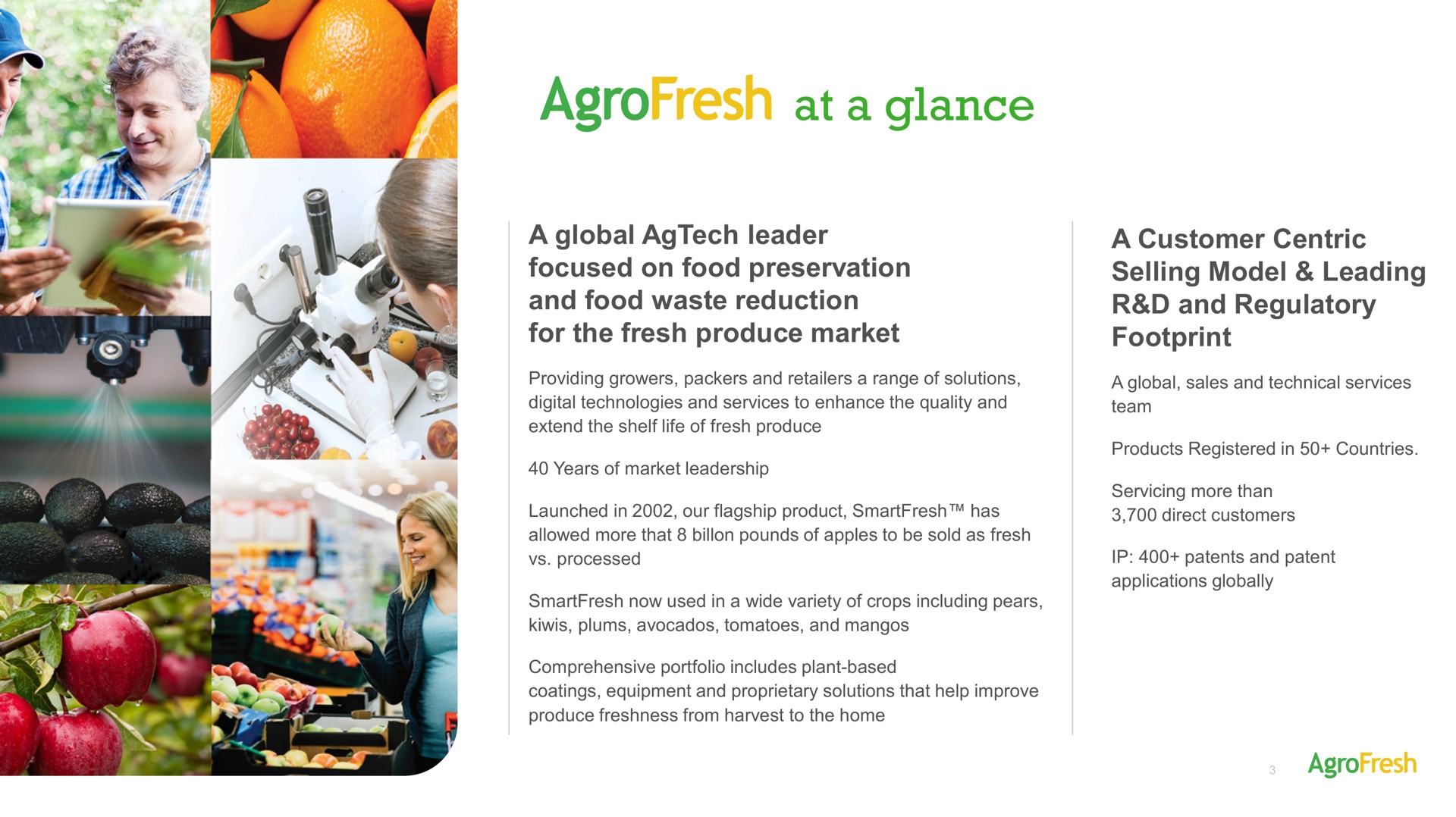 at a glance a global leader focused on food preservation and food waste reduction for the fresh produce market a customer centric selling model leading and regulatory footprint | AgroFresh