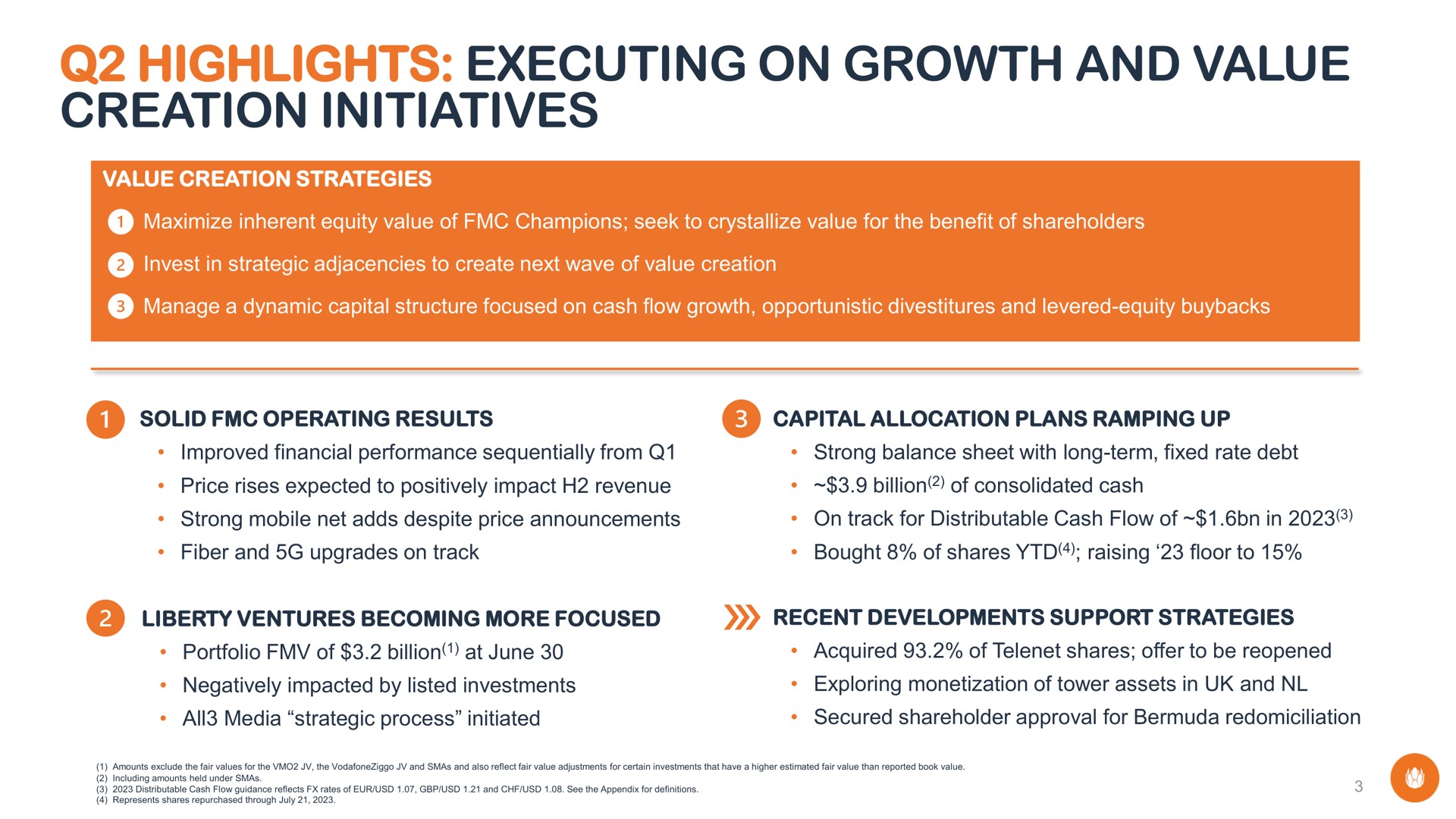 highlights executing on growth and value creation initiatives ventures becoming more focused recent developments support strategies | Liberty Global