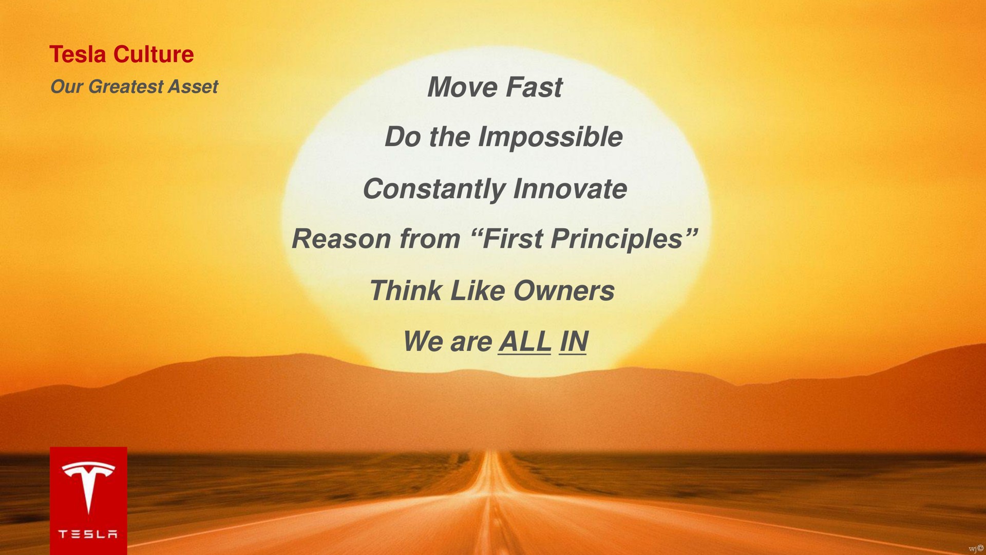 culture move fast do the impossible constantly innovate reason from first principles think like owners we are all in | Tesla