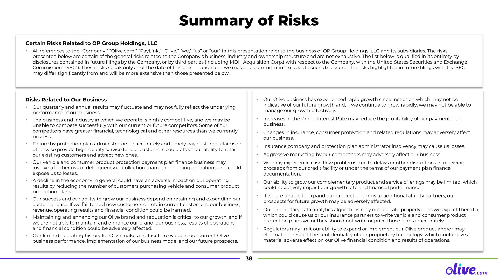 summary of risks | Olive.com