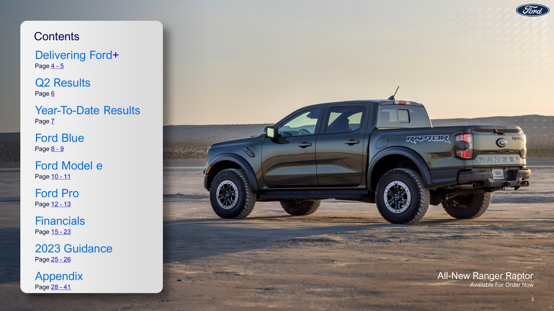 contents delivering ford results year to date results ford blue ford model ford pro guidance appendix all new ranger raptor | Ford
