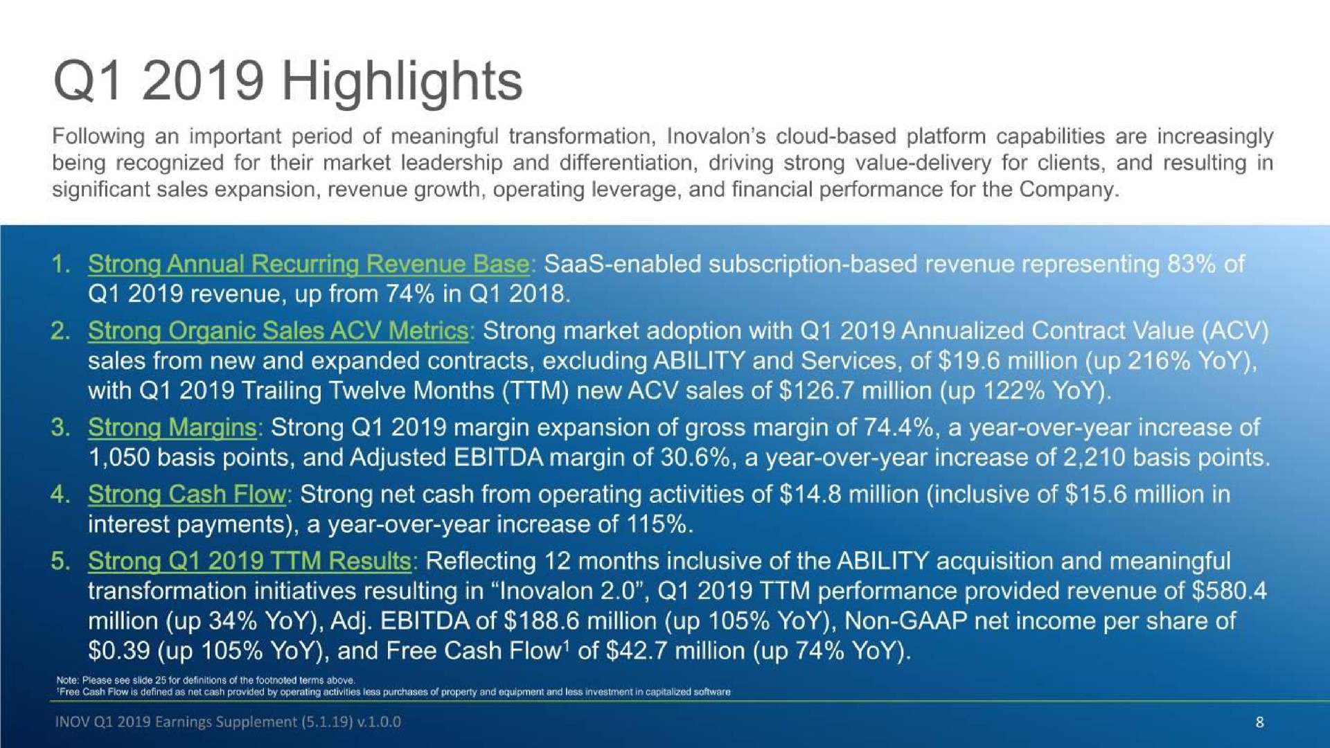 highlights strong annual recurring revenue base enabled subscription based reve revenue up from in strong organic sales metrics strong market adoption with contract with trailing twelve months new sales of million up yoy | Inovalon