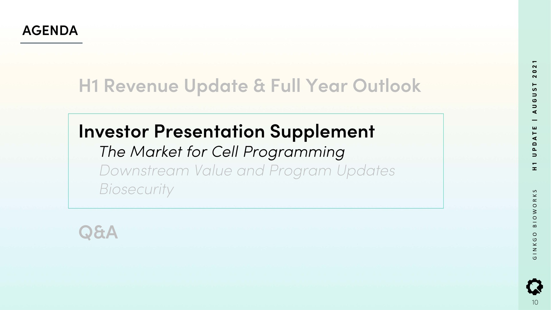 agenda revenue update full year outlook investor presentation supplement the market for cell programming downstream value and program updates a | Ginkgo