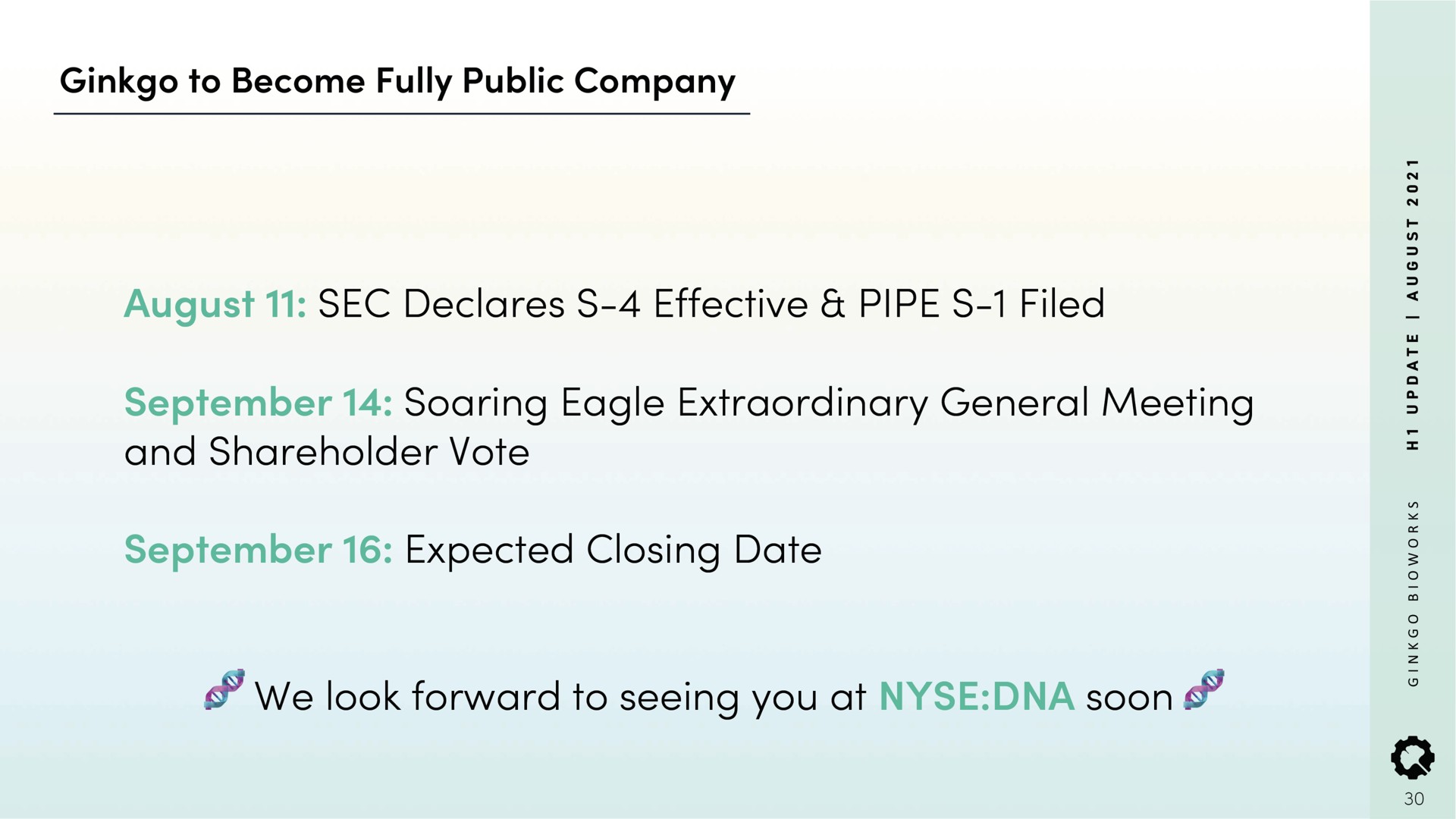 ginkgo to become fully public company sec declares effective pipe filed soaring eagle extraordinary general meeting and shareholder vote expected closing date we look forward to seeing you at soon | Ginkgo