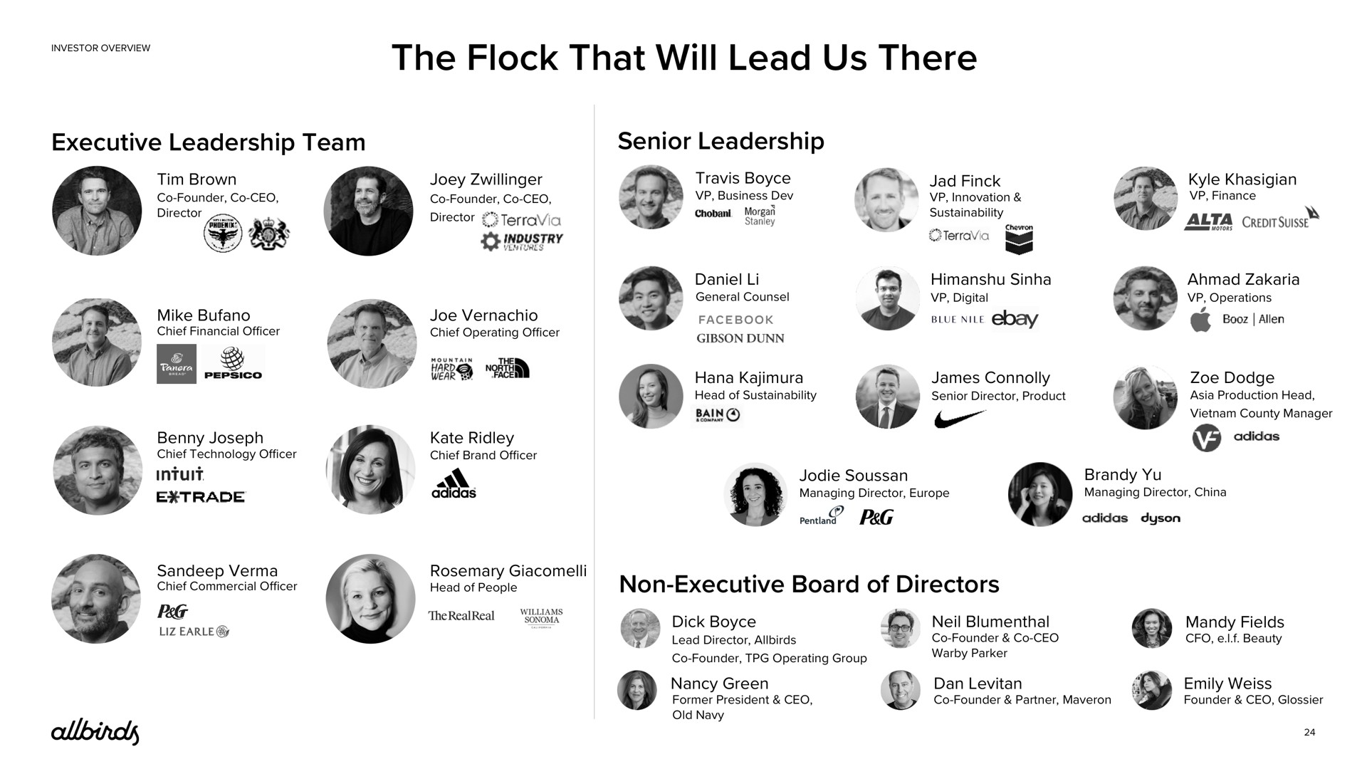 the flock that will lead us there executive leadership team senior leadership non executive board of directors | Allbirds