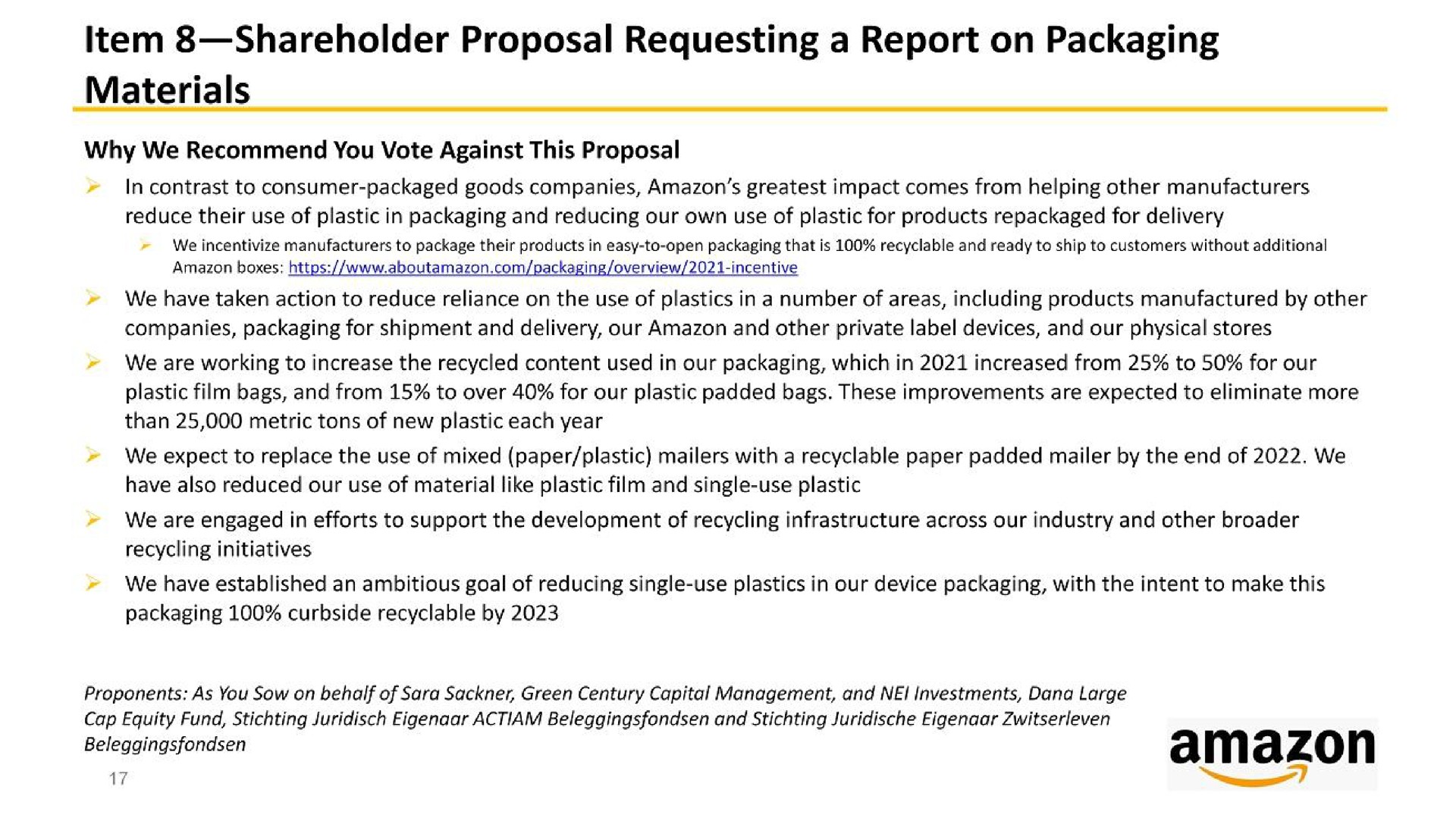 item shareholder proposal requesting a report on packaging materials | Amazon