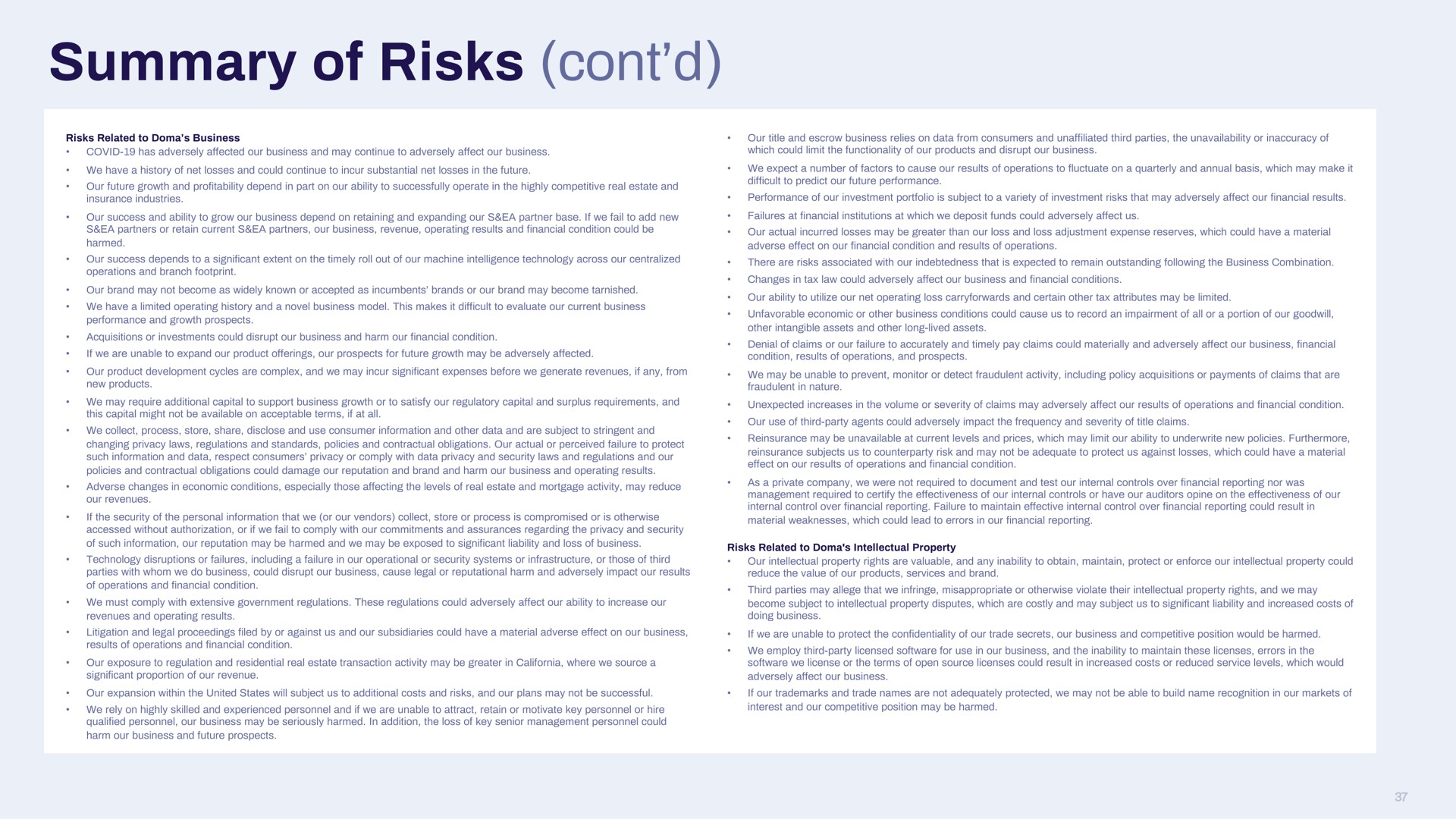 summary of risks | Doma