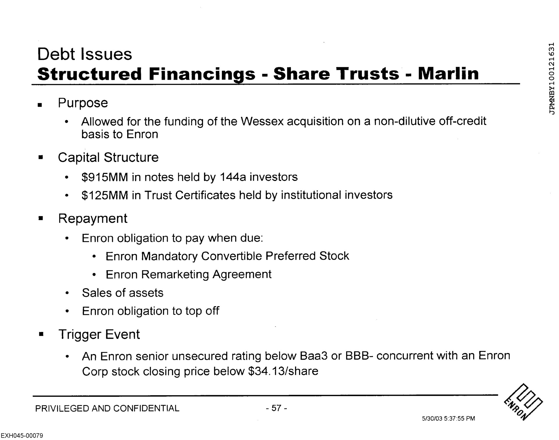 debt issues structured financings share trusts marlin | Enron