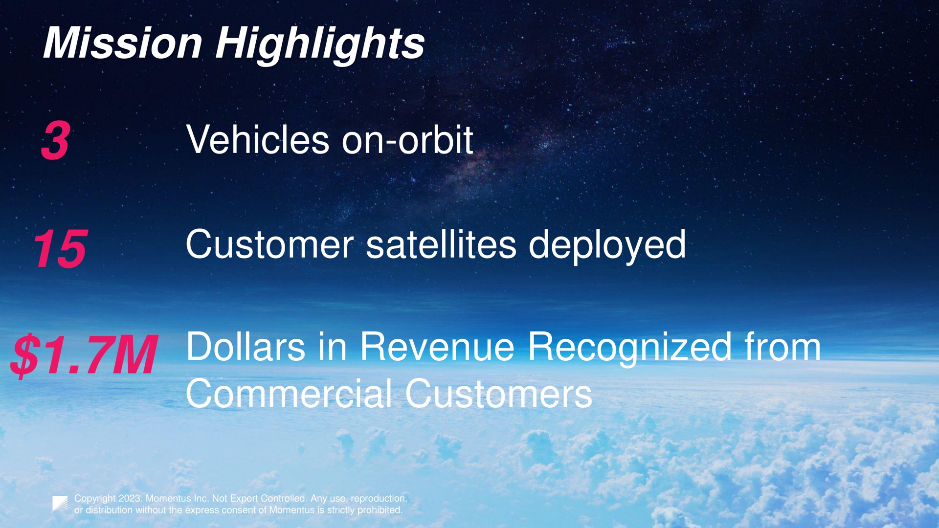 mission highlights vehicles on orbit customer satellites deployed dollars in revenue recognized from commercial customers mineral | Momentus