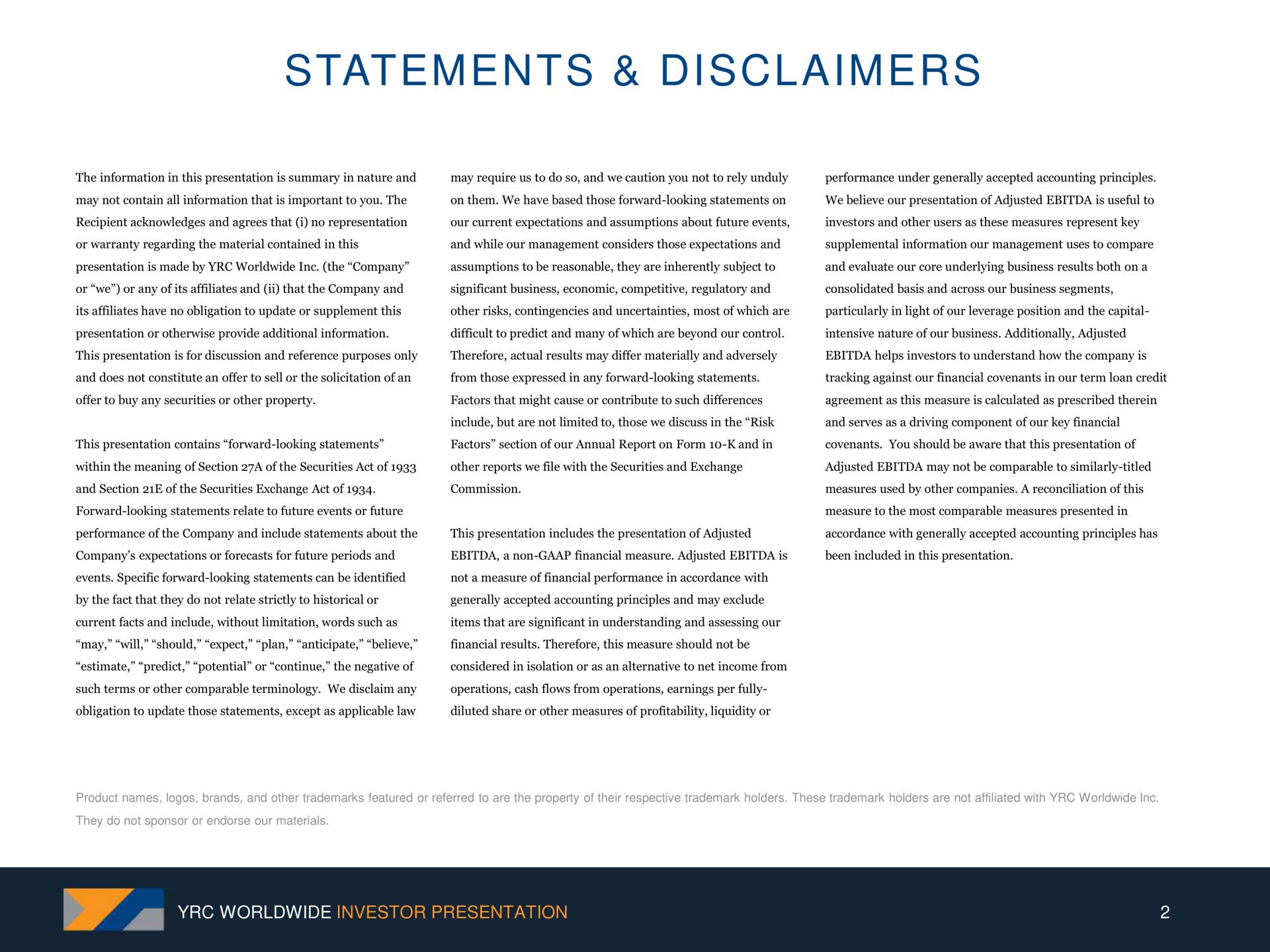 statements disclaimers | Yellow Corporation