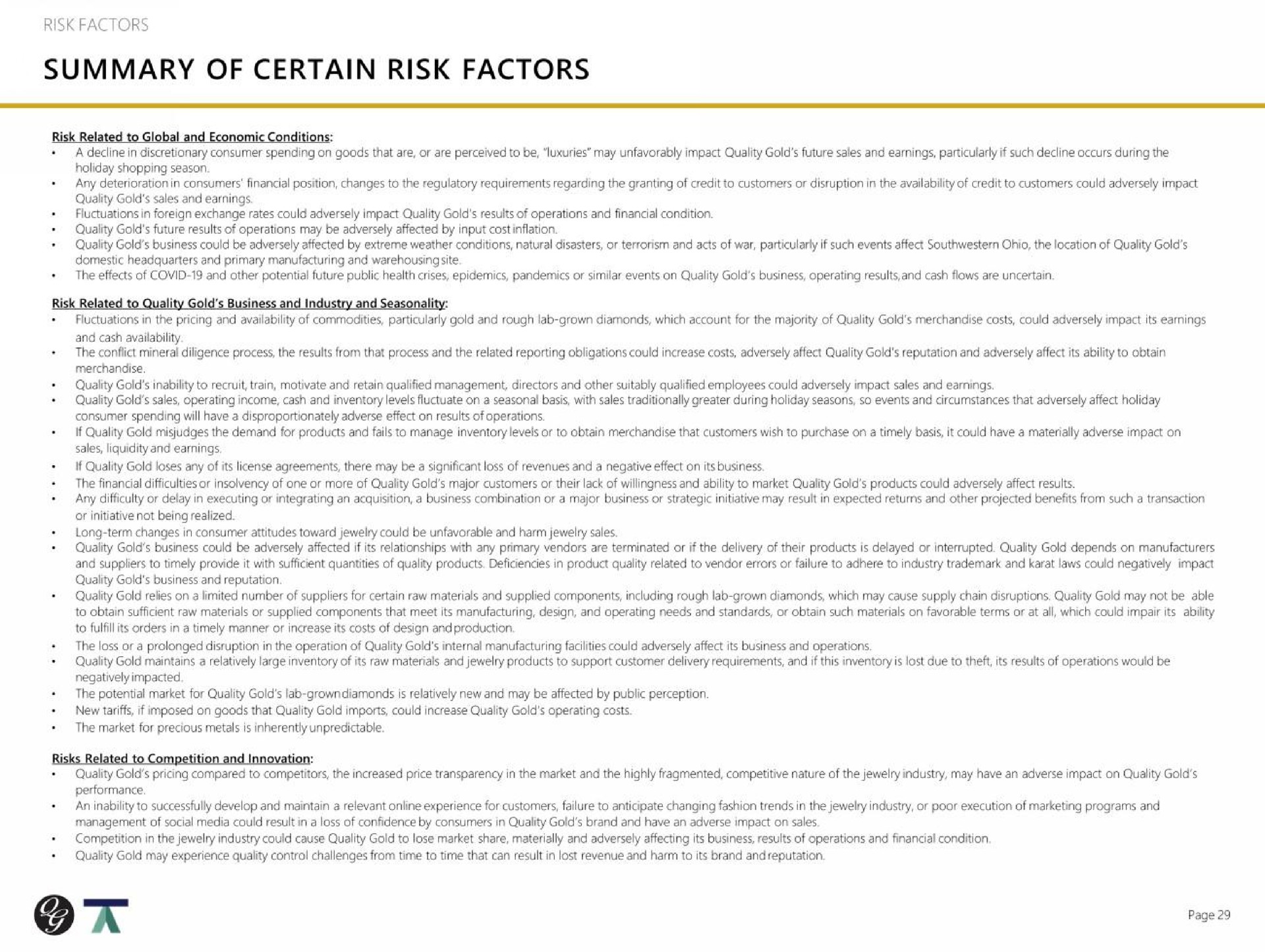 summary of certain risk factors | Quality Gold