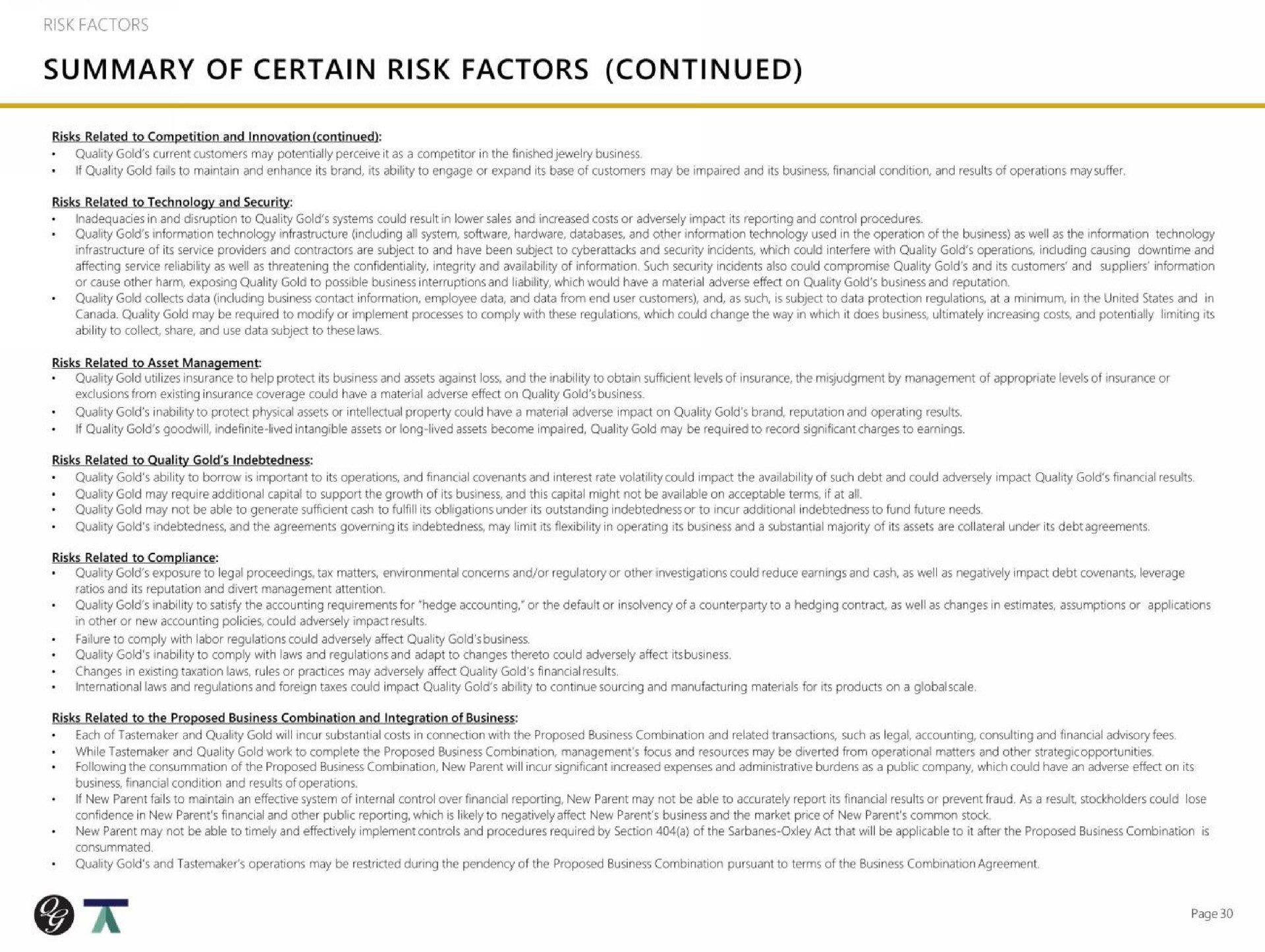 summary of certain risk factors continued | Quality Gold