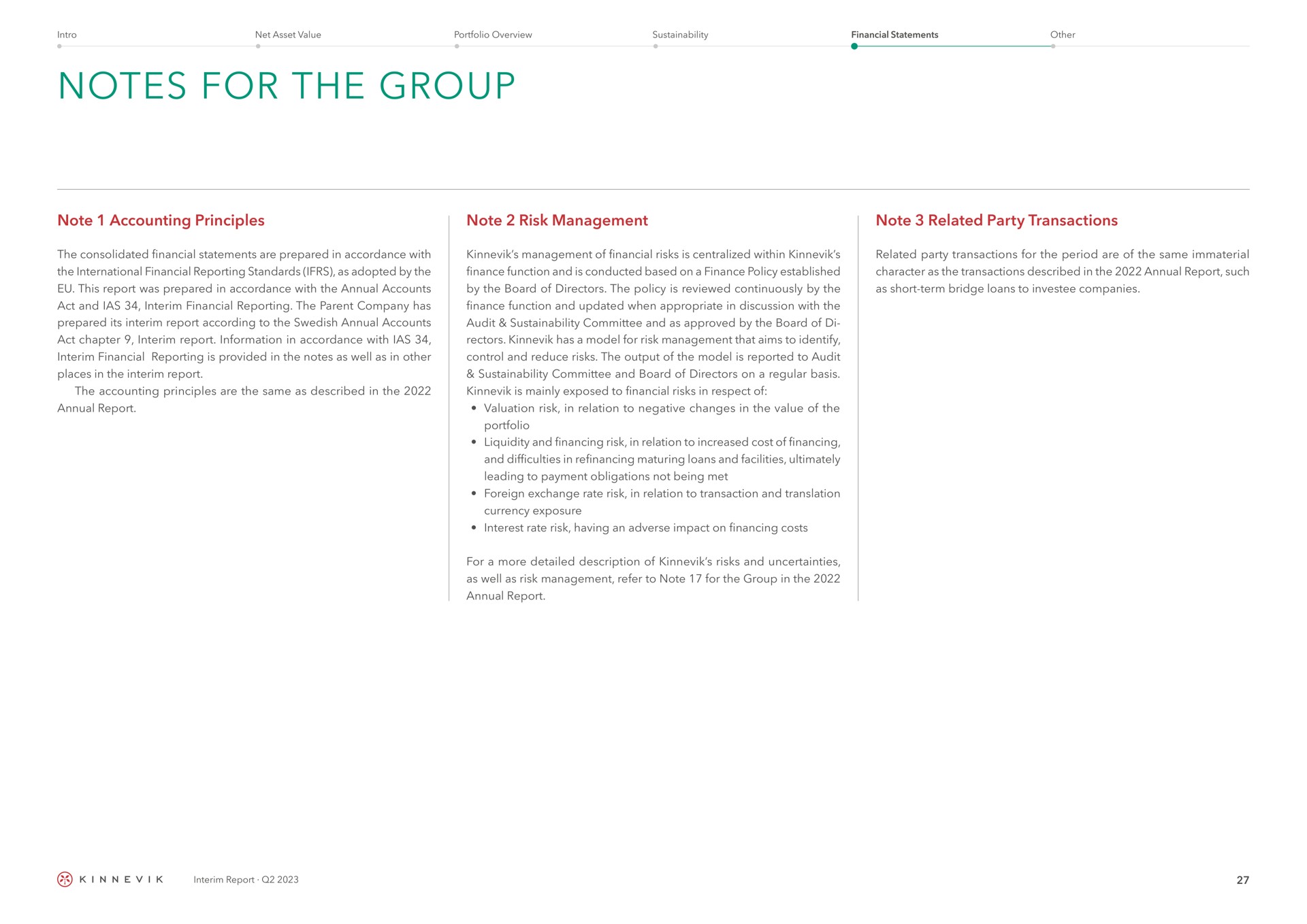 notes for the group note accounting principles note risk management note related party transactions interim report | Kinnevik