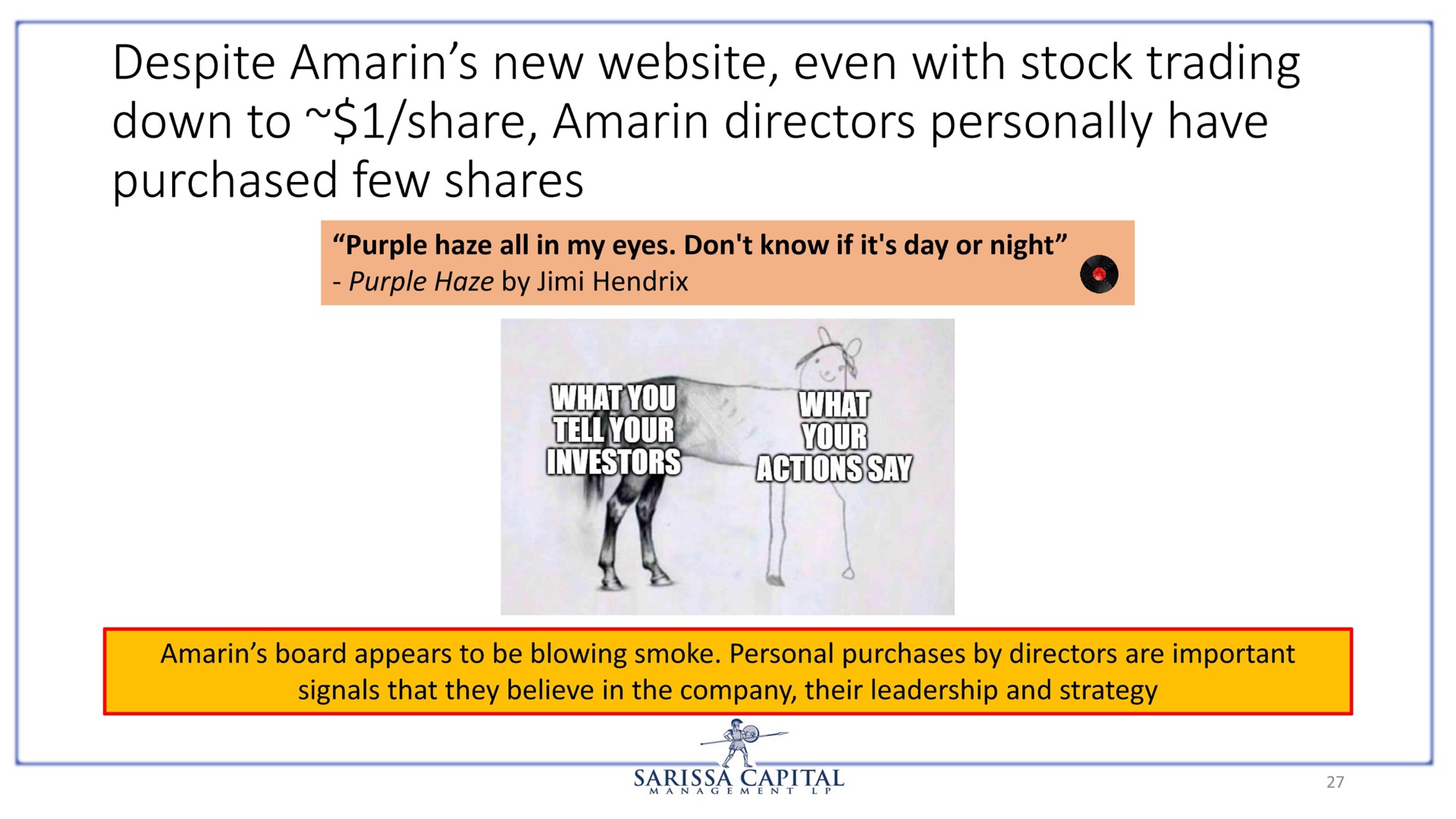 despite amarin new even with stock trading down to share amarin directors personally have purchased few shares | Sarissa Capital