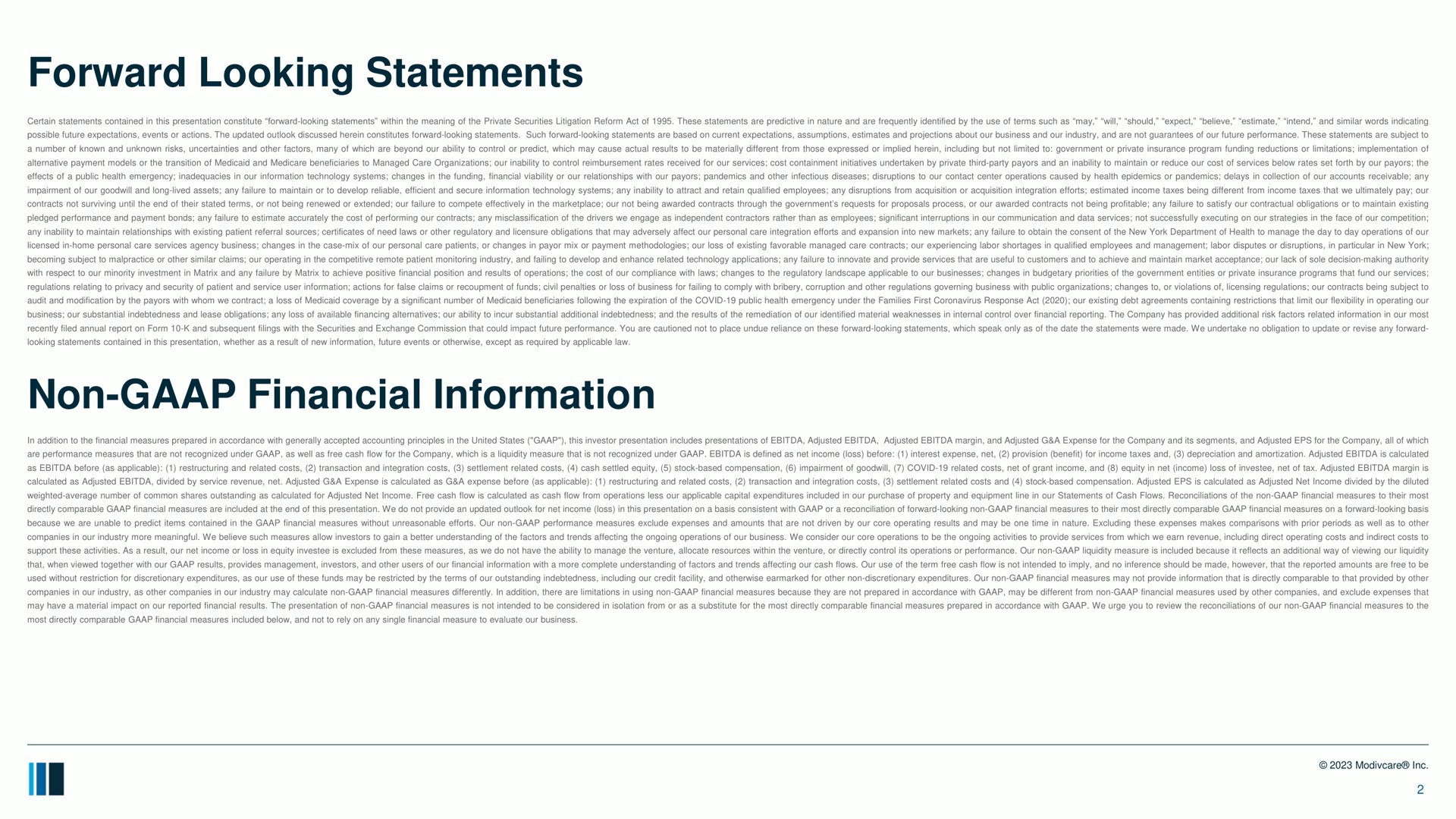 forward looking statements non financial information | ModivCare