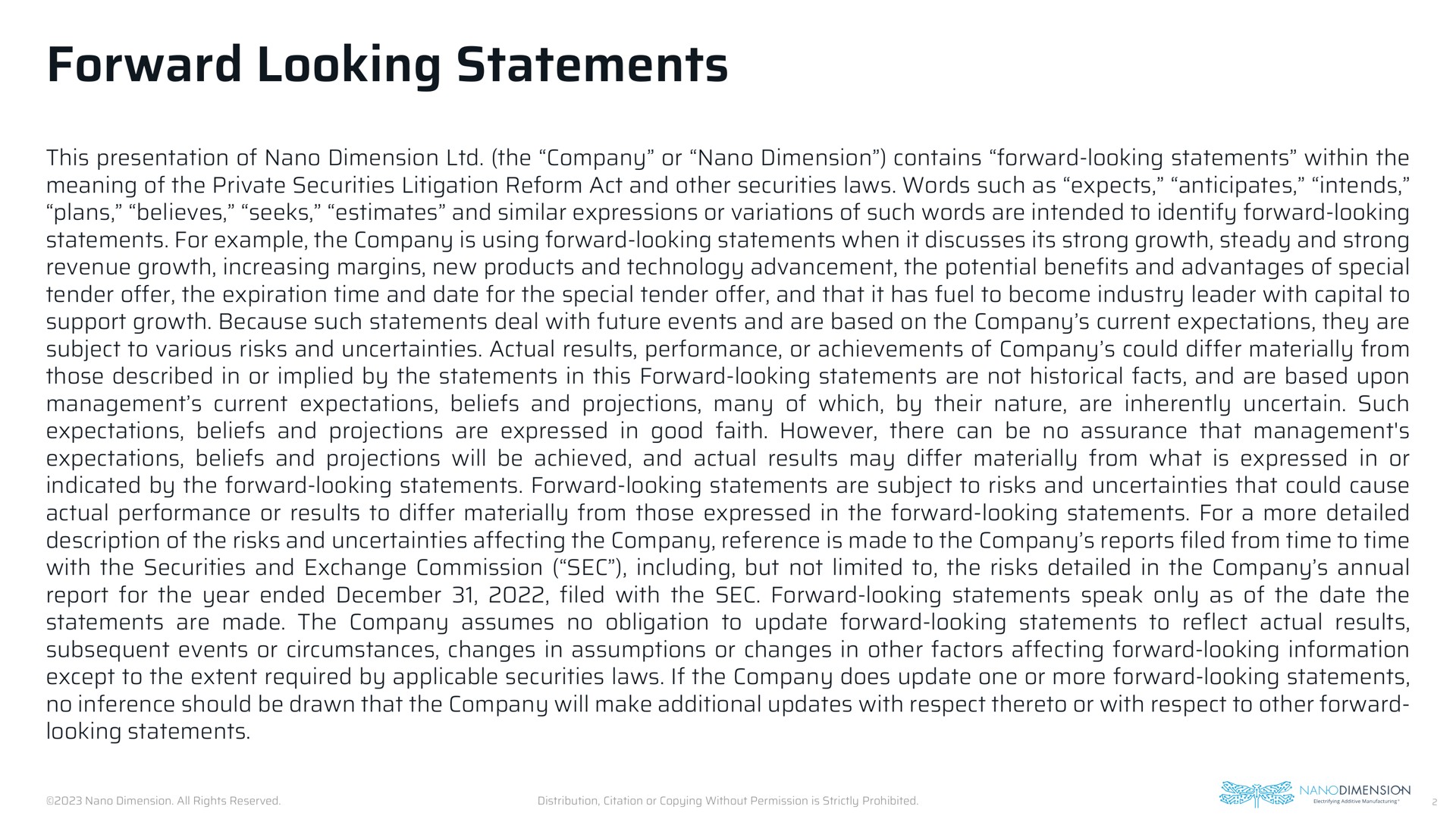 forward looking statements | Nano Dimension