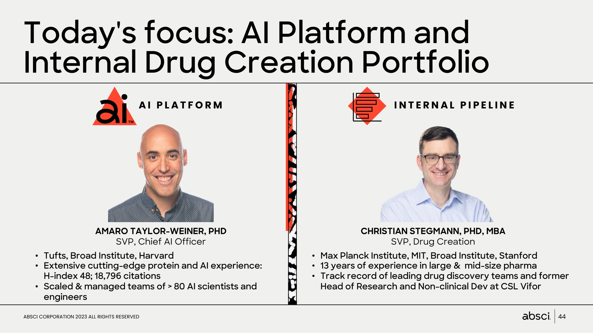 today focus platform and internal drug creation portfolio | Absci